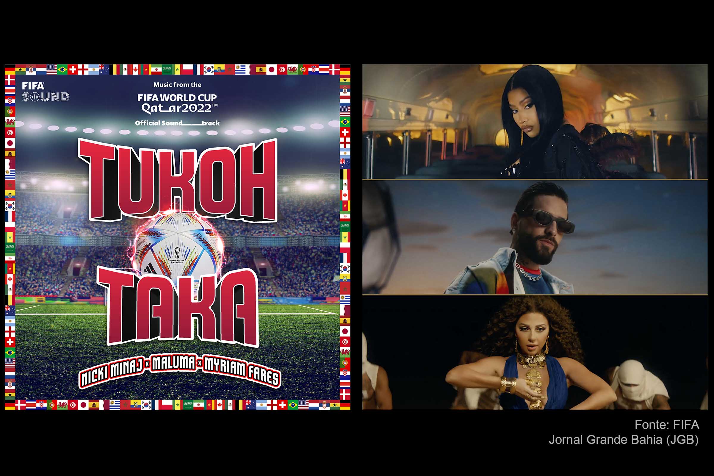 Tukoh Taka será disputado nos FIFA Fan Festivals em Doha e em todo o mundo, bem como nos estádios da Copa do Mundo FIFA Catar 2022 A música combina três das vozes icônicas da música de todo o mundo, representando a inclusão do jogo. Maluma e Myriam Fares se apresentarão na abertura do FIFA Fan Festival de Doha, neste sábado (19/11/2022).