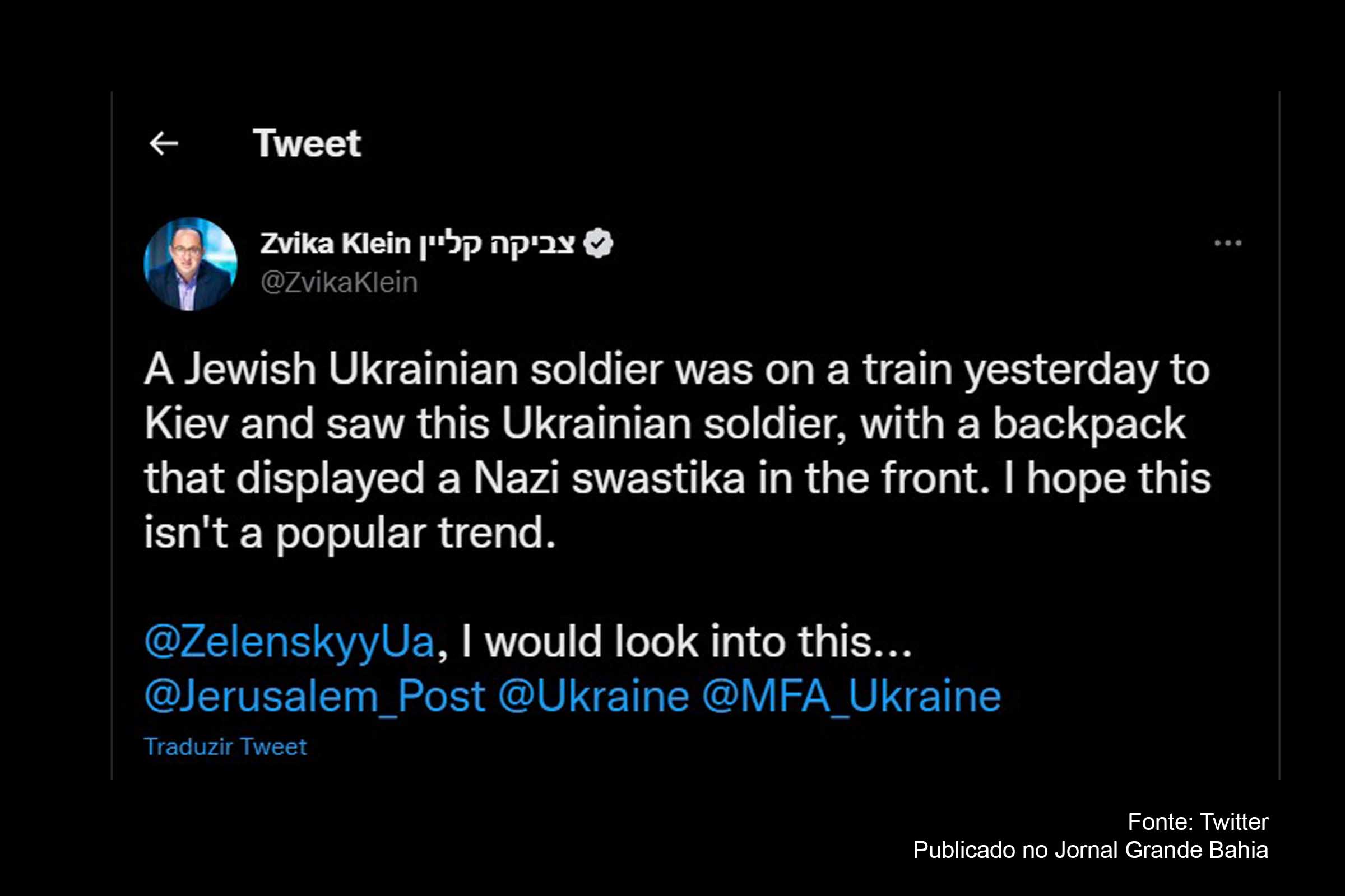 Soldado ucraniano com suástica em mochila deixa jornalista israelense perplexo