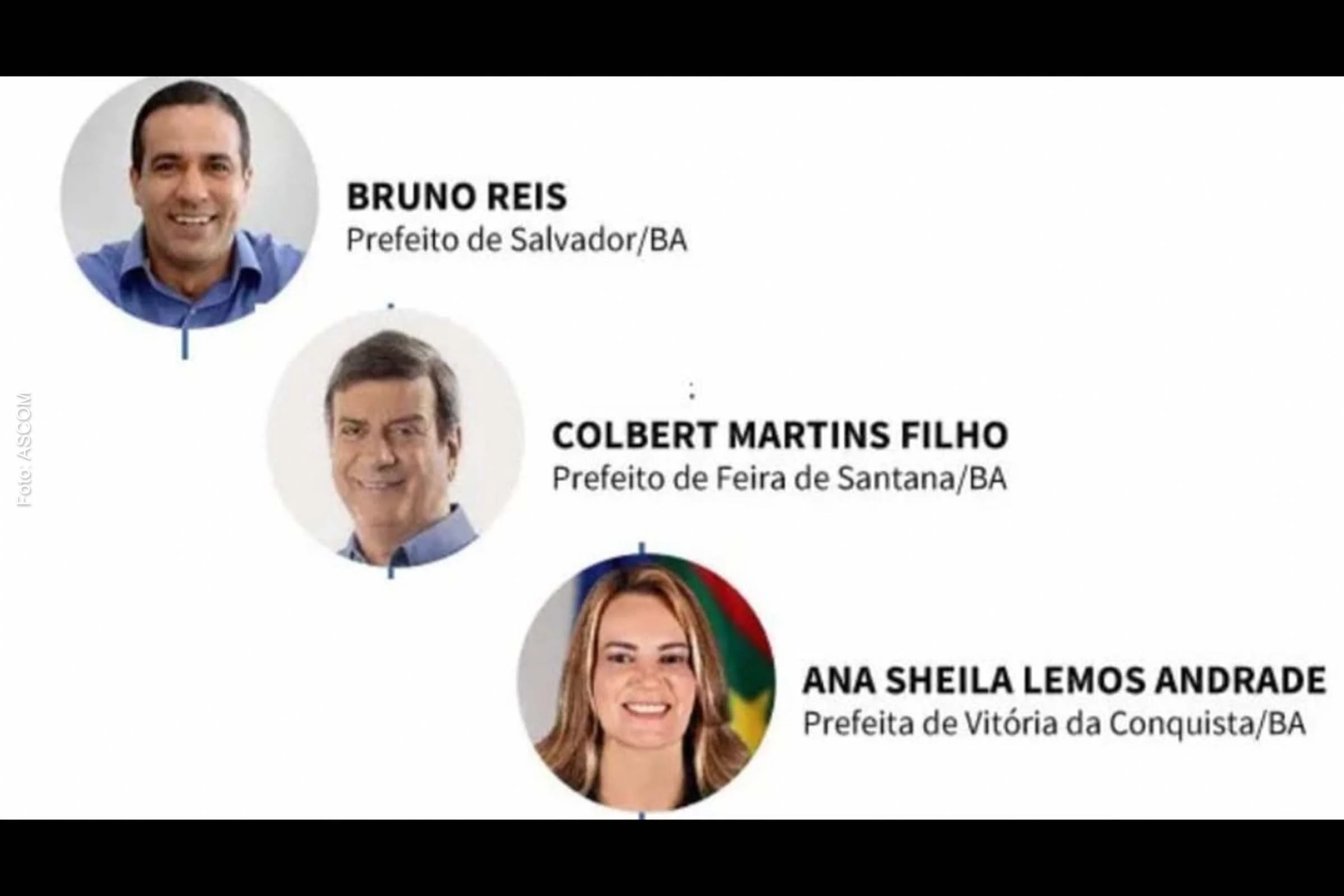Além do prefeito de Feira de Santana, Colbert Martins, são convidados também os prefeitos de Salvador, Bruno Reis, e de Vitória da Conquista, Sheila Lemos.