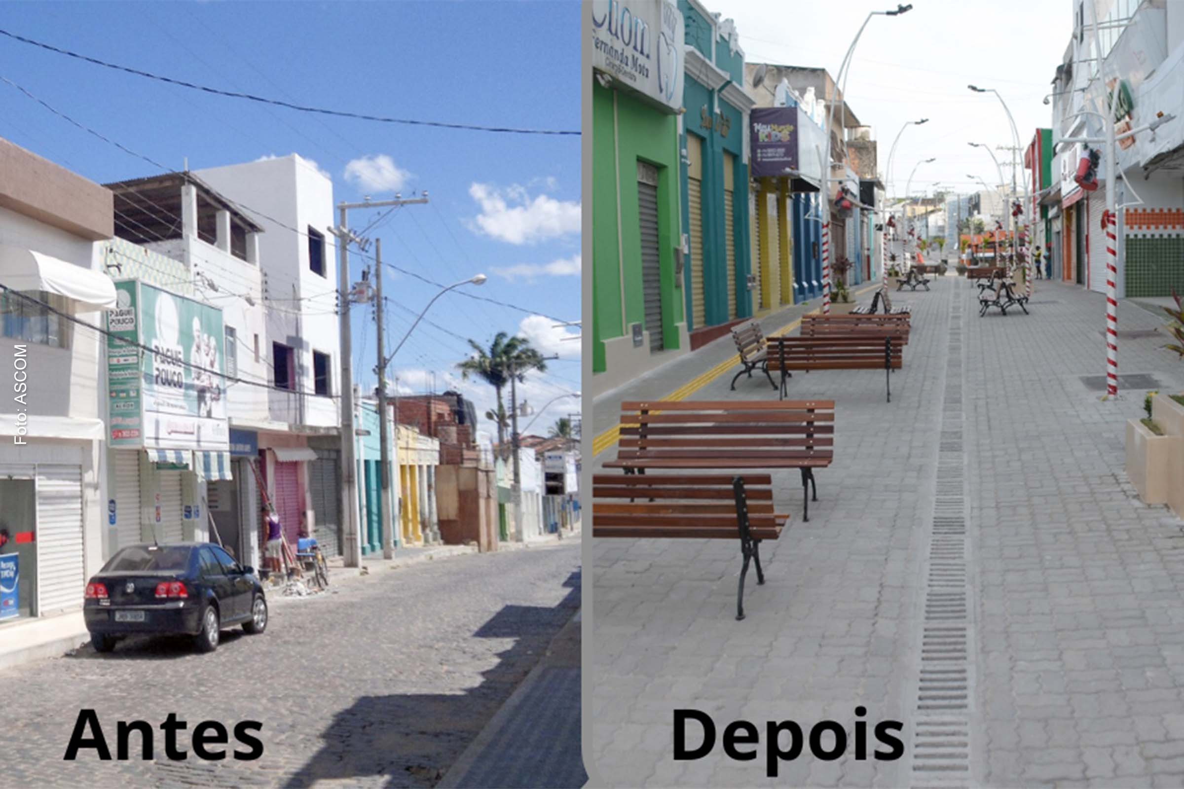 Imagens apresentam o antes e depois do Beco da Paz, requalificada pela Prefeitura de Castro Alves.