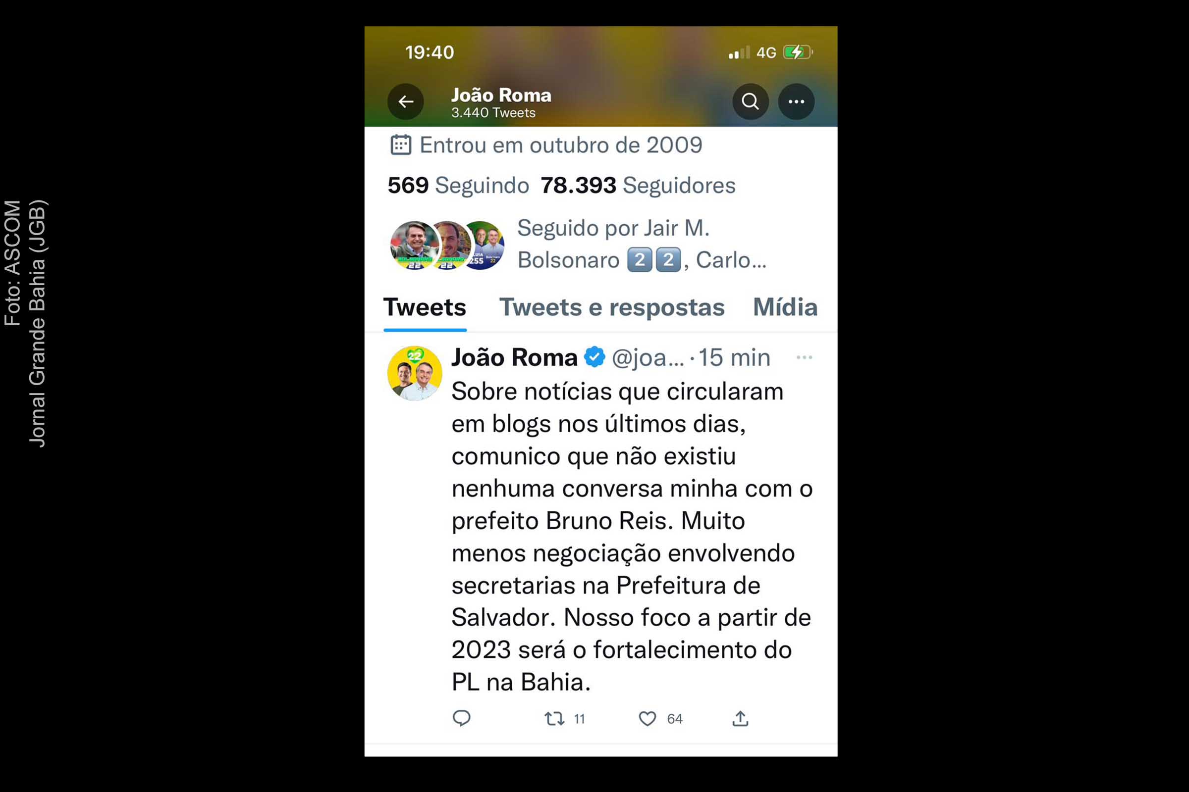 Publicação do deputado federal João Roma (PL) no Twitter.