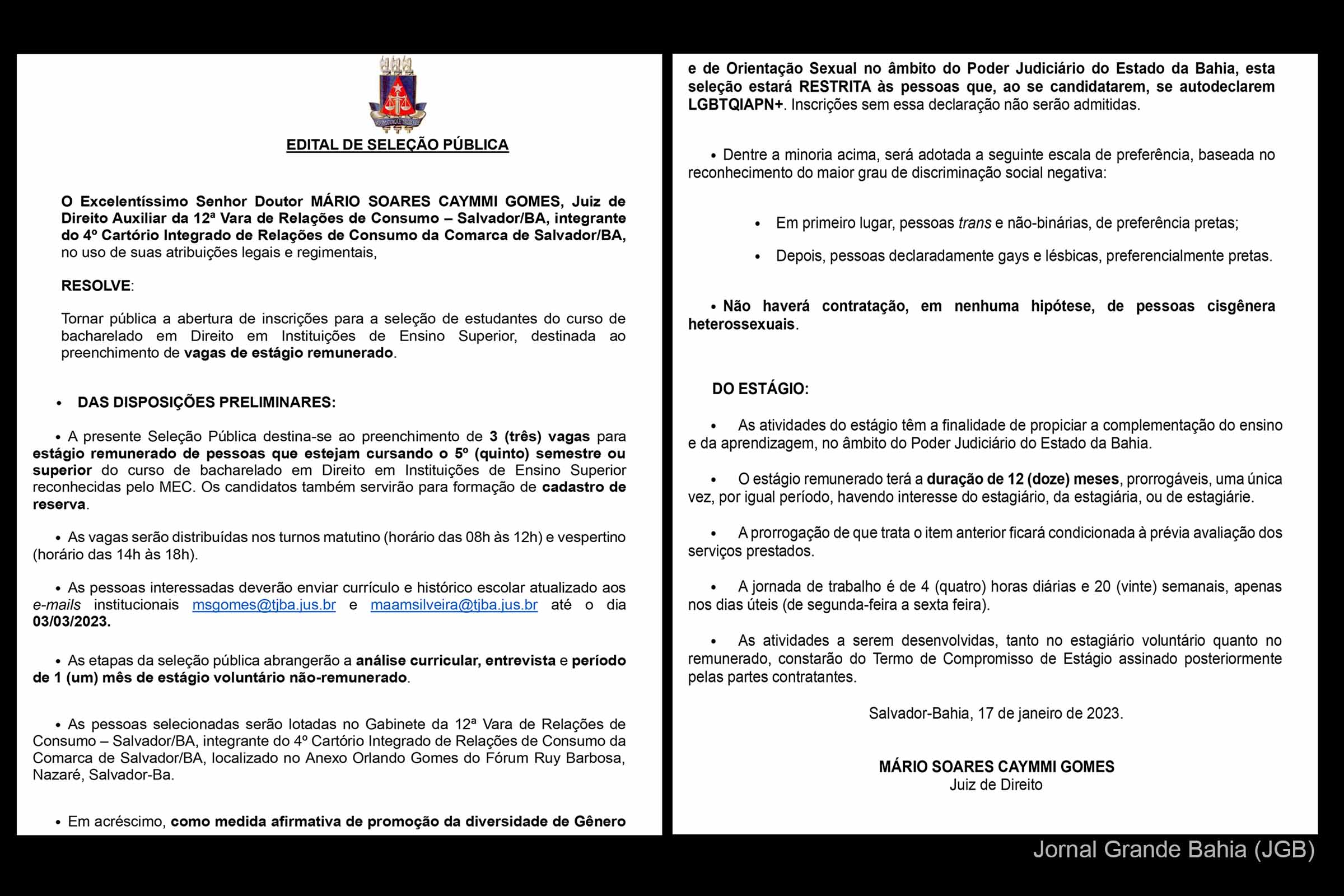 Edital assinado pelo juiz Mário Soares Caymmi Gomes para seleção de estagiários de Direito da comunidade LGBTQIAPN+.