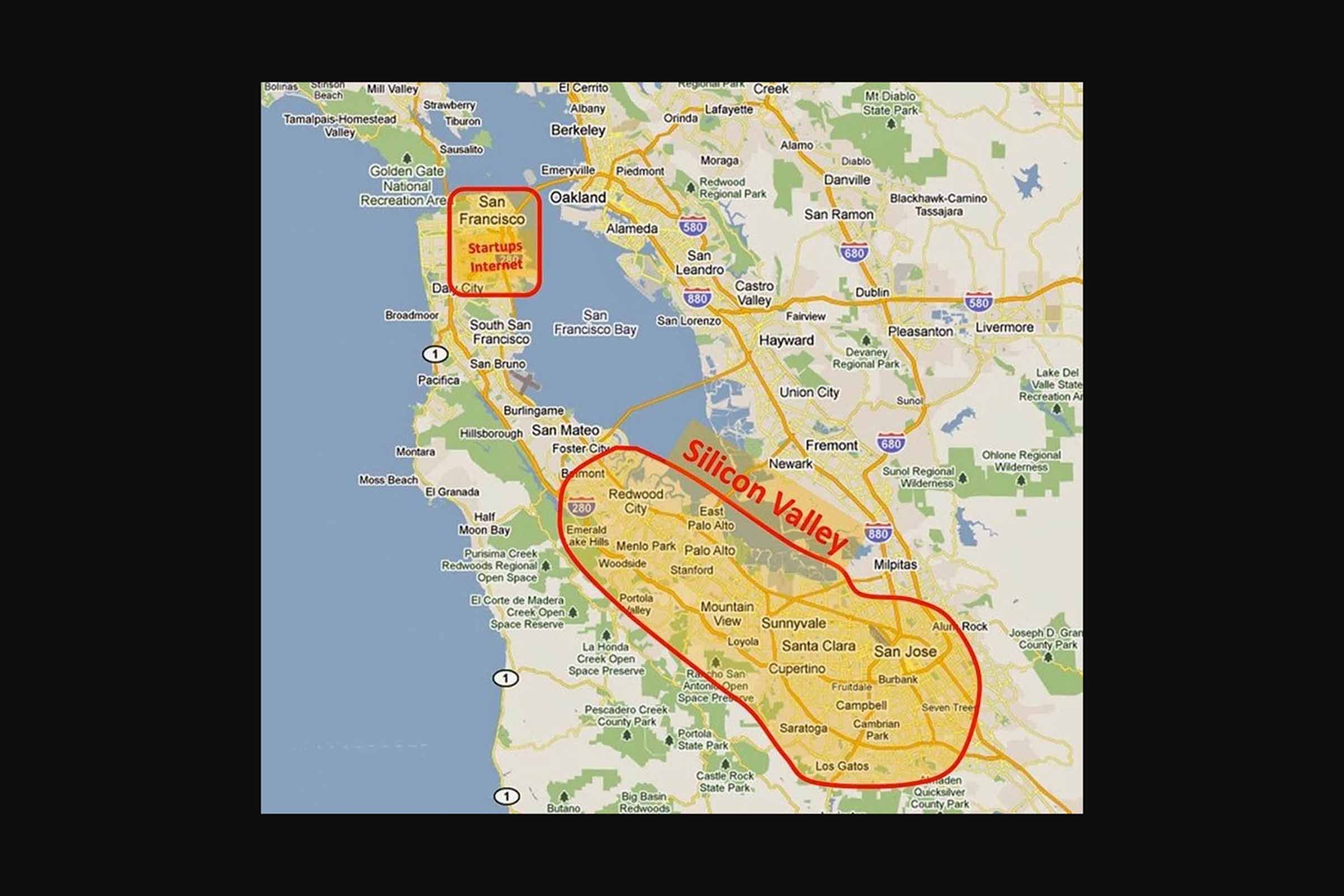 Mapa do Vale do Silício, localizado na parte sul da região da Baía de São Francisco, na Califórnia, EUA.