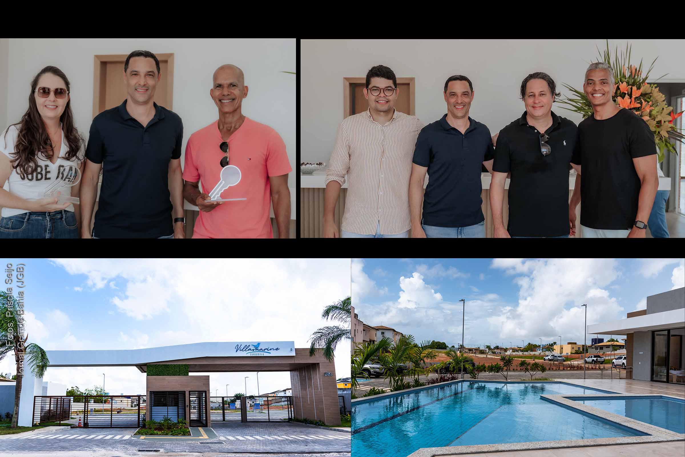 Michelle Vallejo e Gilson Santana, síndica e subsíndico do Villamarine; ao centro, CEO da Sertenge, Eduardo Villa Nova. O Condomínio foi concebido com lotes para construção de casas com clube, espaço office e área de lazer ao ar livre está com 85% das unidades vendidas.