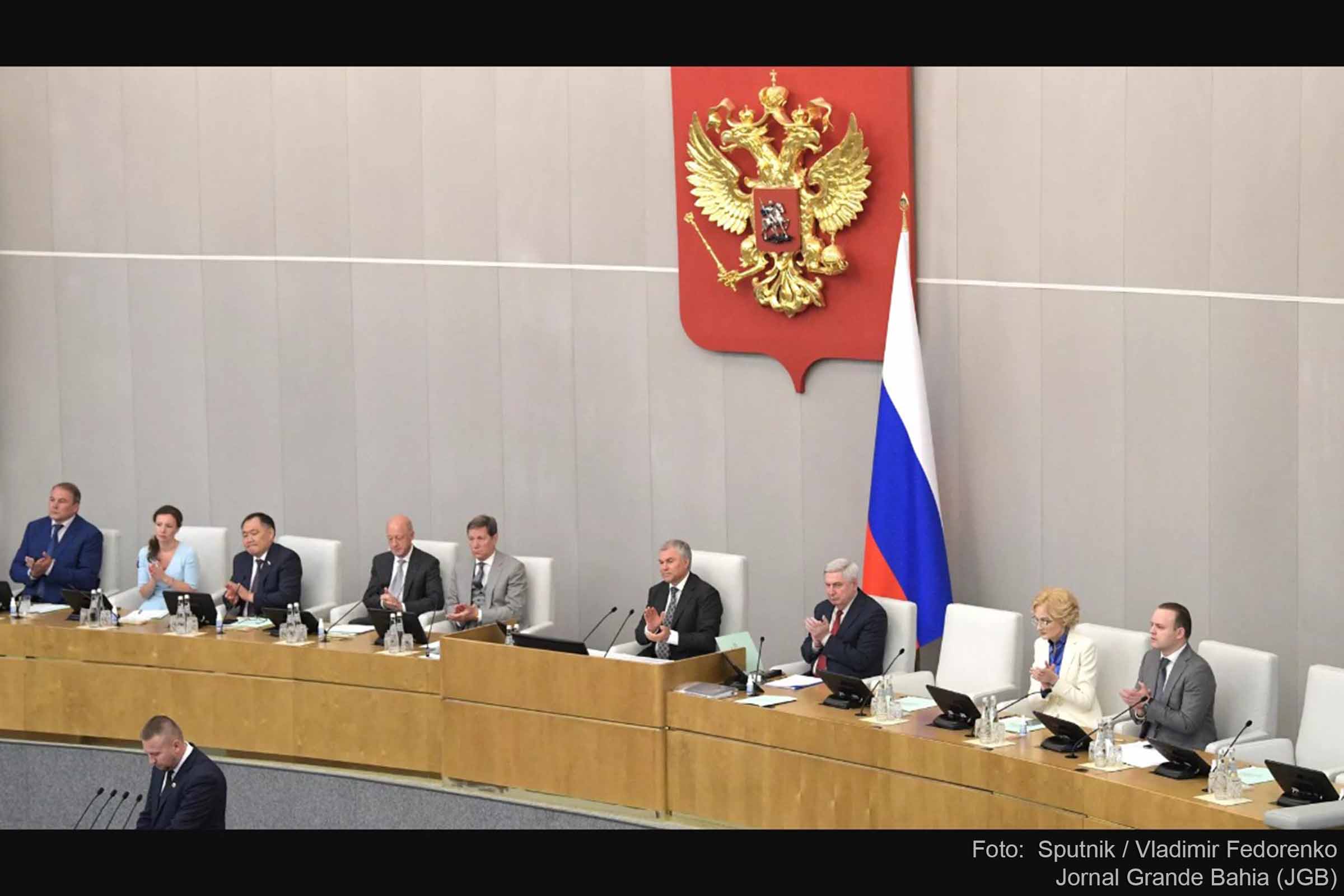 Vyacheslav Volodin, presidente da Duma, câmara baixa do Parlamento russo, fala em sessão plenária do órgão.