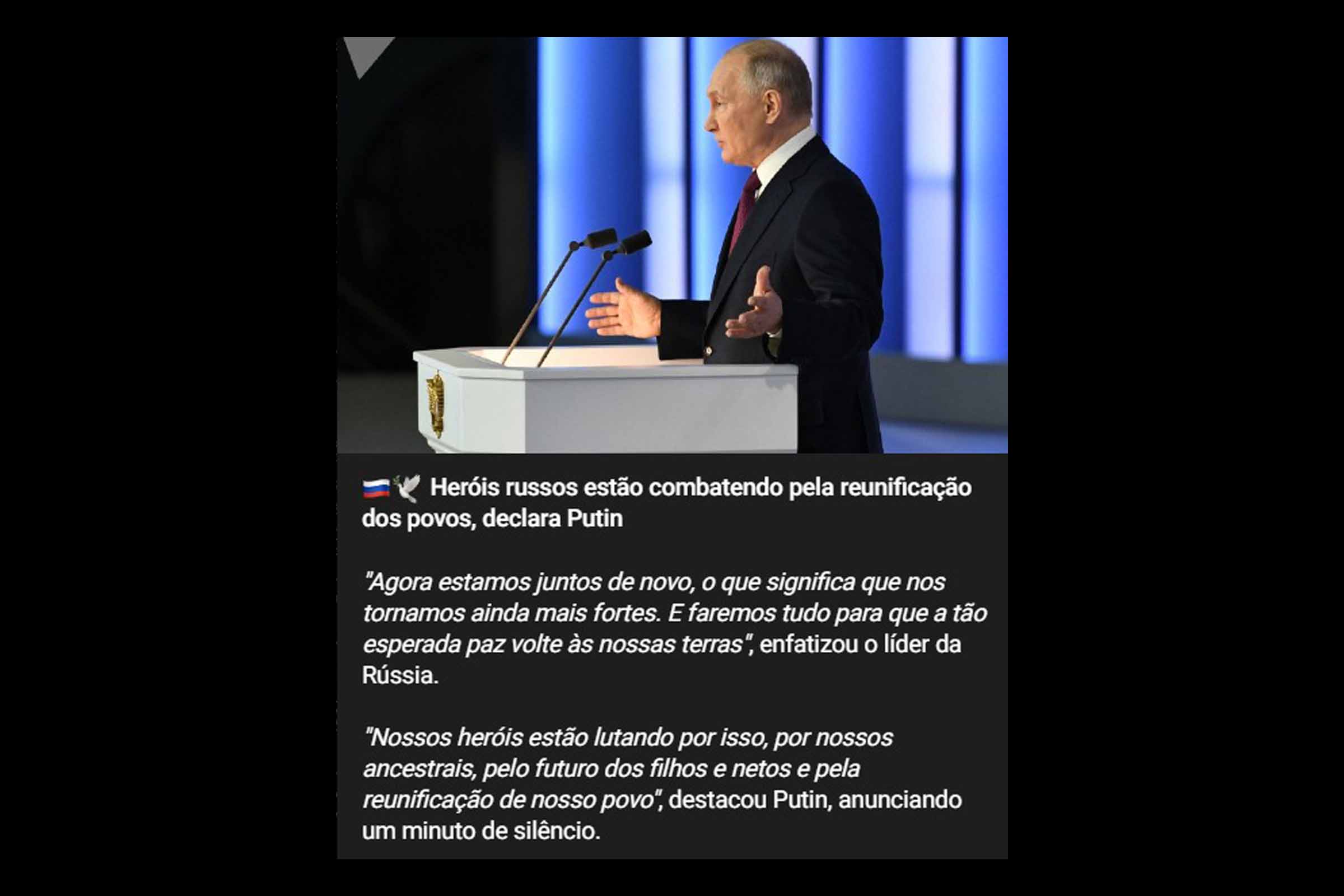Heróis russos estão combatendo pela reunificação dos povos, declara presidente Vladimir Putin.