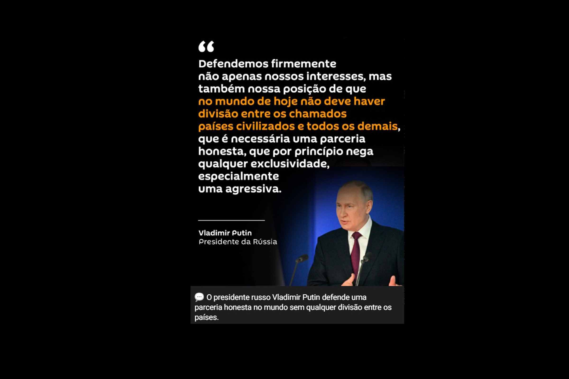 Durante o discurso, o presidente Vladimir Putin apontou as dificuldades, os sacrifícios e os sucessos do país em combater a pressão que está sendo aplicada, e também como isso uniu a Rússia em torno de um objetivo comum.