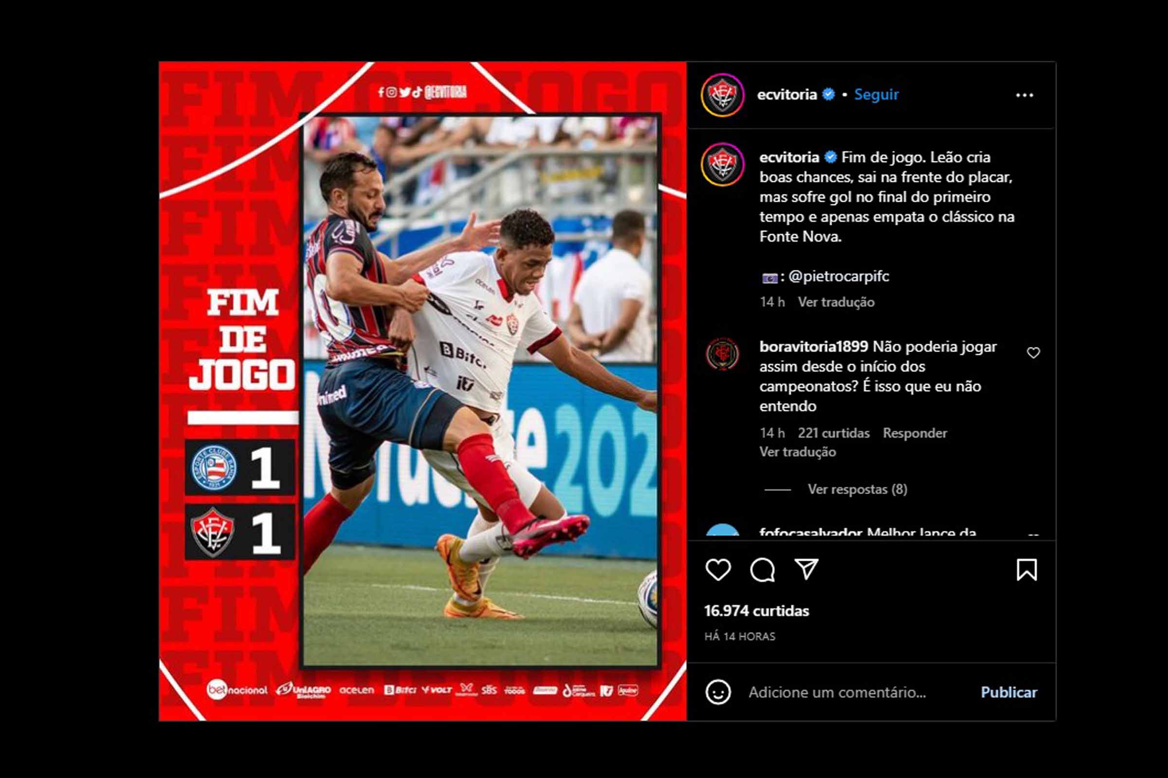 Empate com o Bahia favorece time do Vitória.