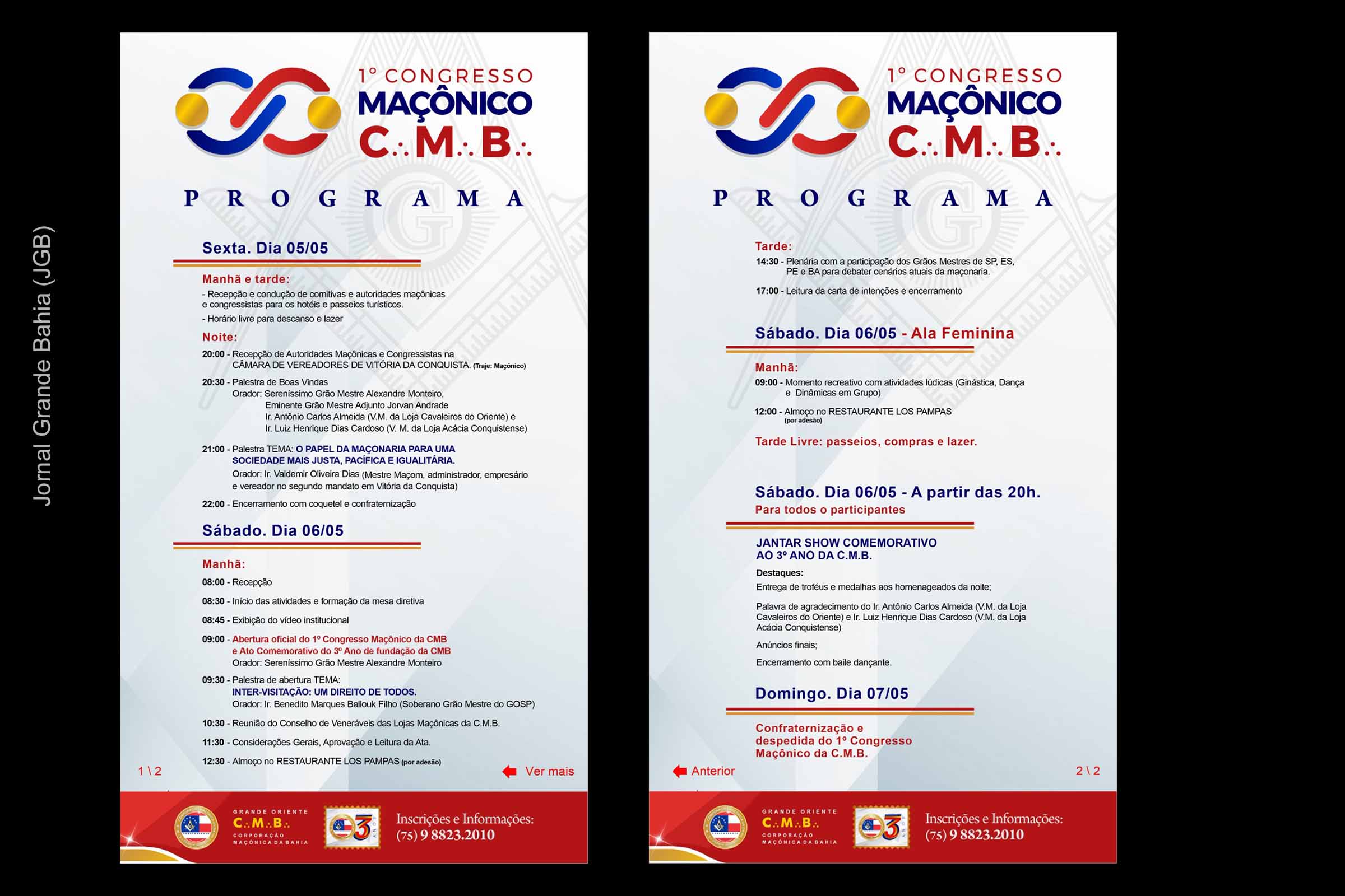 Cartaz anuncia programação do 1º Congresso da Corporação Maçônica da Bahia.