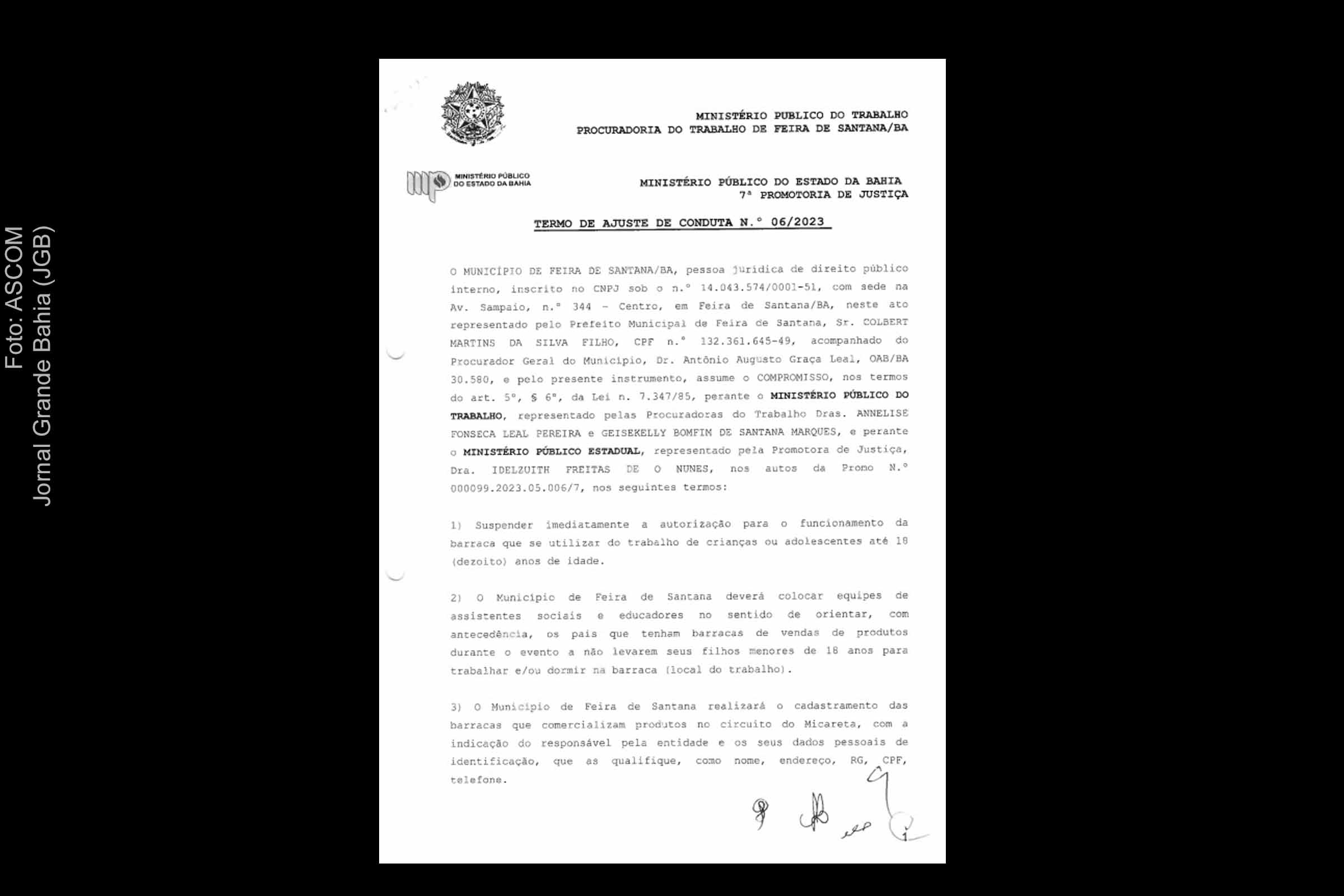 Combate ao trabalho infantil na Micareta 2023 de Feira de Santana é garantido em acordo entre Governo Colbert Martins e MPT.