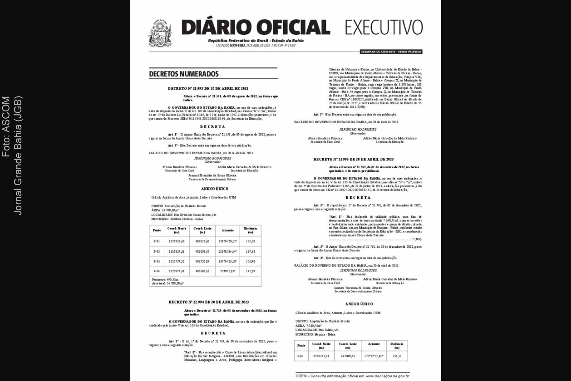 Decreto com a relação dos 36 candidatos nomeados como agentes de tributos da Bahia foi publicado no Diário Oficial da Bahia desta sexta-feira (21/04/2023).
