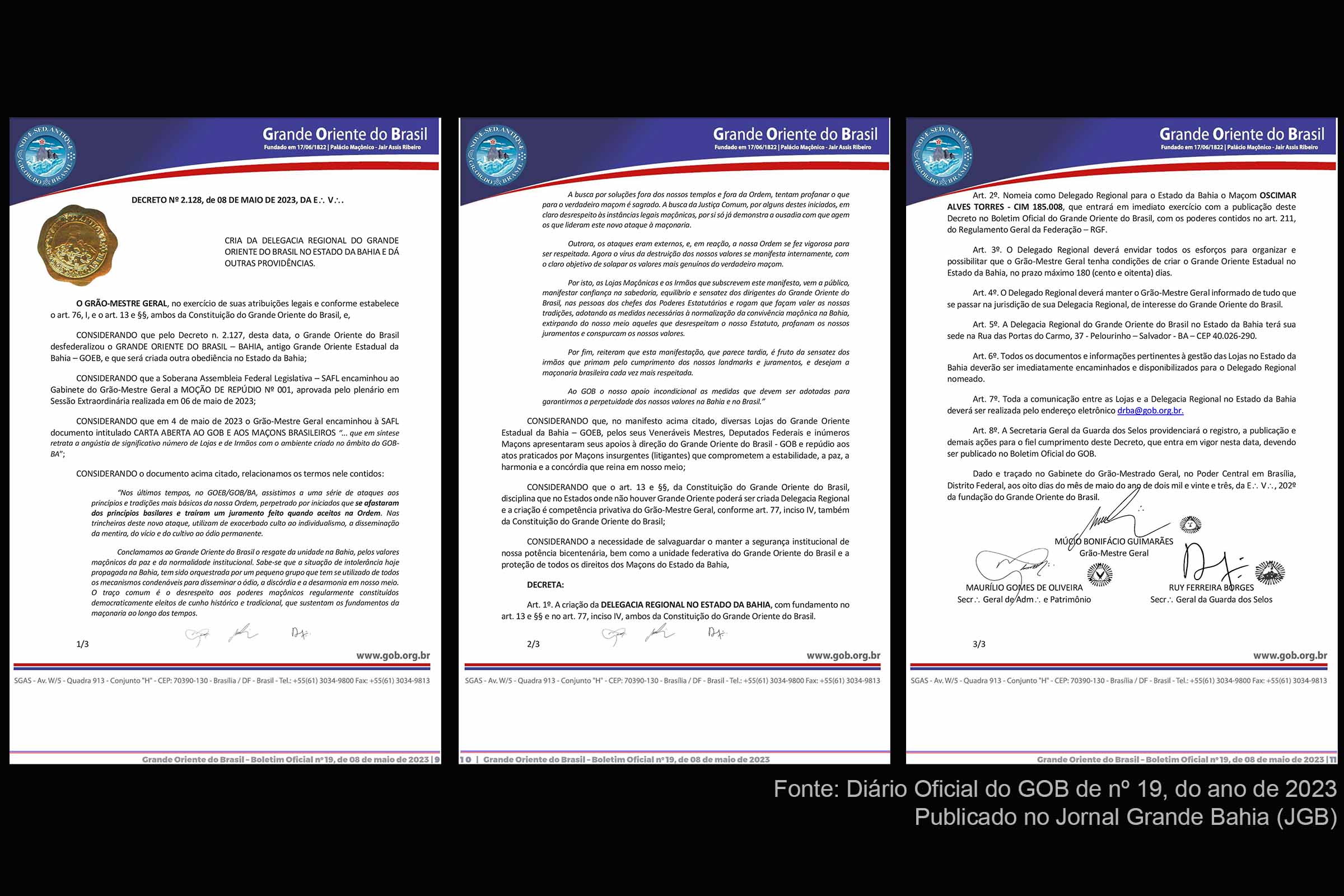 Crise no GOB Bahia resulta em aprovação de Moção de Repúdio e criação de Delegacia Regional pelo Grande Oriente do Brasil