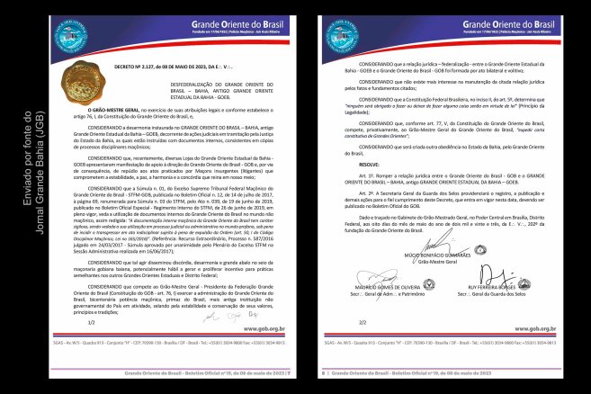 Boletim Oficial de nº 19 apresenta resolução do GOB desligando o Grande Oriente do Brasil – Bahia (GOB Bahia), antigo Grande Oriente Estadual da Bahia (GOEB), da entidade nacional e informando que uma nova entidade será criada no estado.