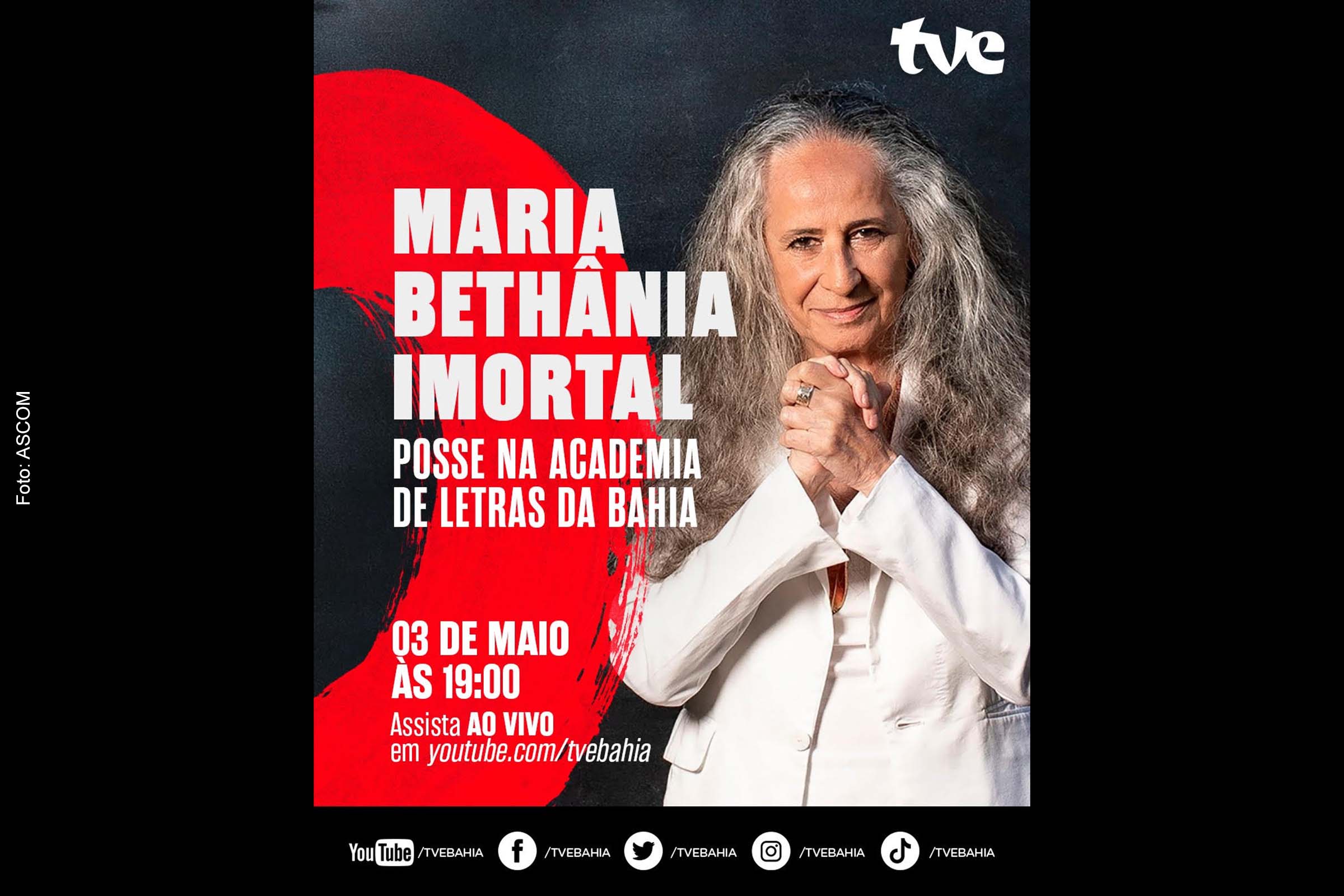 Card anuncia transmissão da posse de Maria Bethânia na Academia de Letras da Bahia.