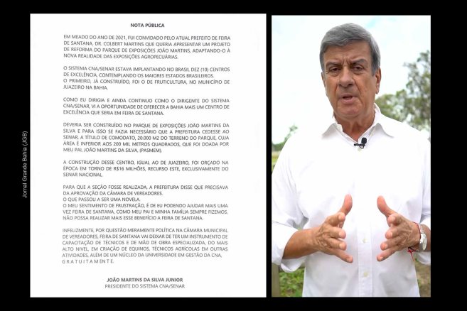 Em nota pública, vereadores de Feira de Santana são criticados por sabotar projeto de educação do SENAR no município. Prefeito Colbert Martins apela ao presidente da CNA para que mantenha o investimento.