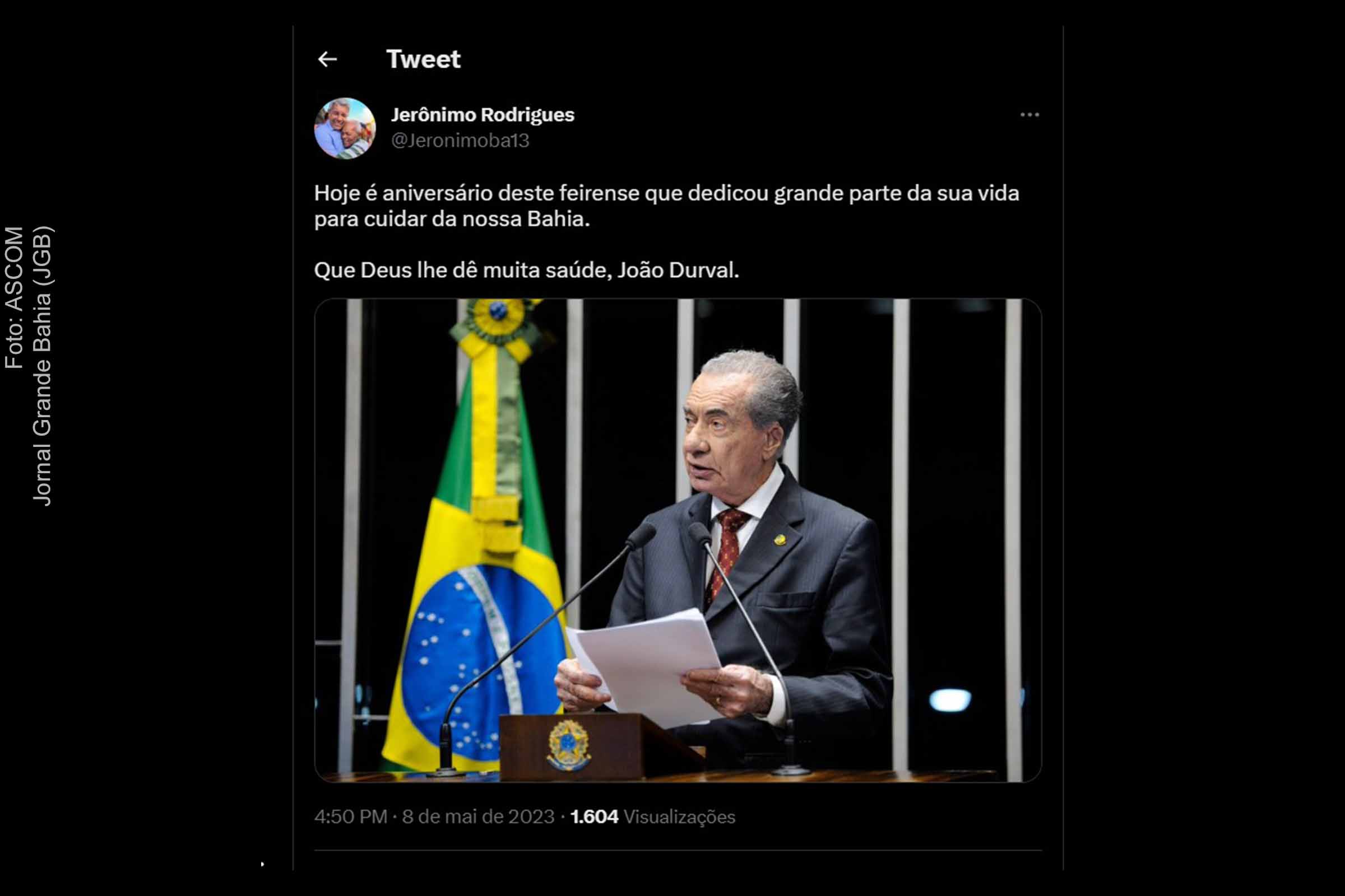 Governador Jerônimo Rodrigues parabeniza João Durval Carneiro por passagem natalícia; Ex-senador comemora 94 anos