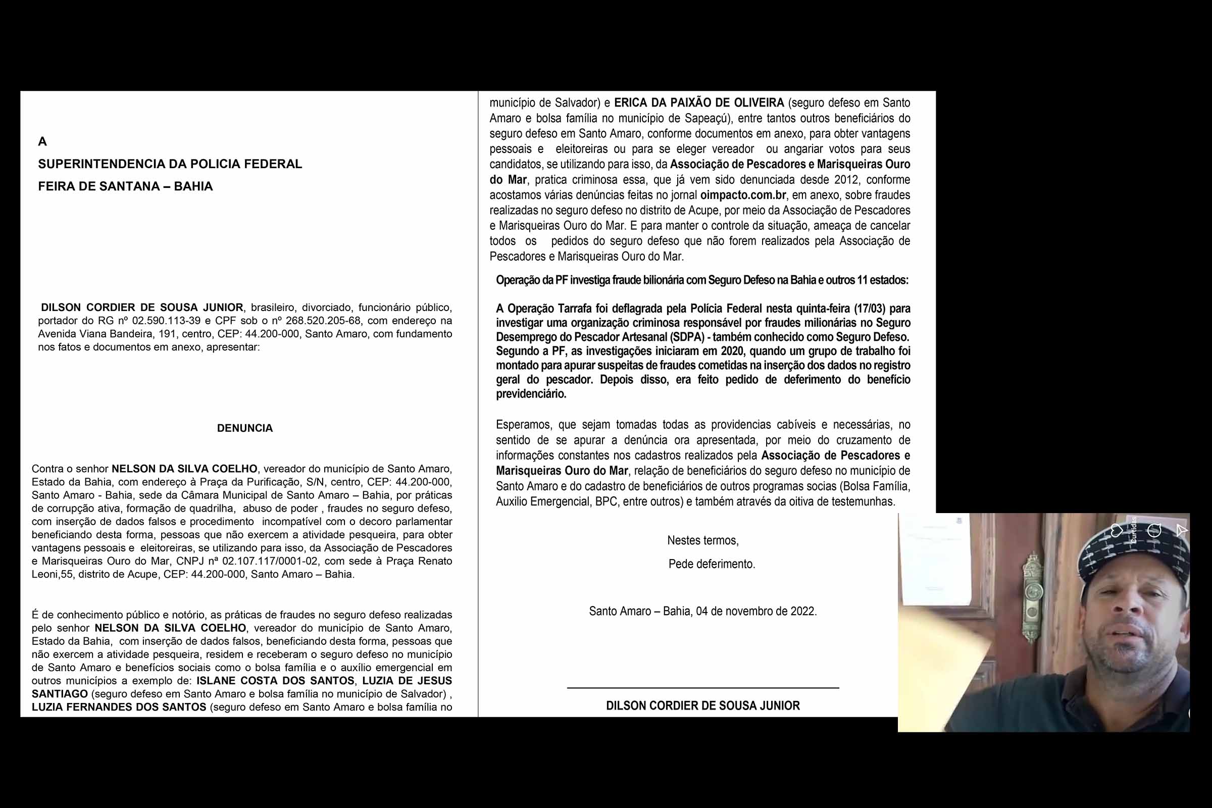 Vereador Nelson da Silva Coelho (Nelson da Pesca) e a representação feita à PF, que foi encaminhada por fonte ao JGB.