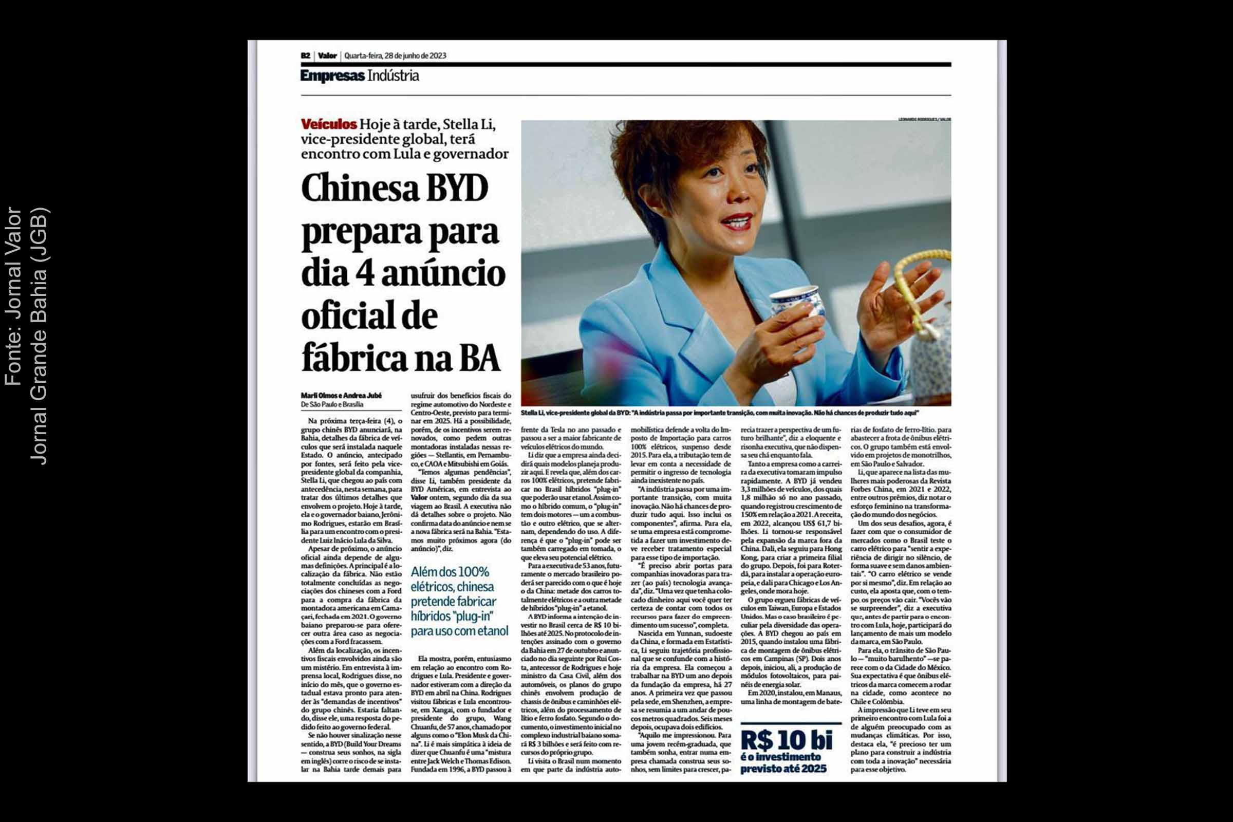 Reportagem do Jornal Valor revela que BYD anuncia em 4 de julho de 2023 fábrica na Bahia.