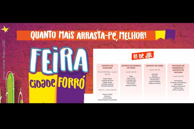 Cartaz anuncia edição 2023 do São Pedro de Feira de Santana nos Distritos de Bonfim de Feira, Jaíba e Humildes.