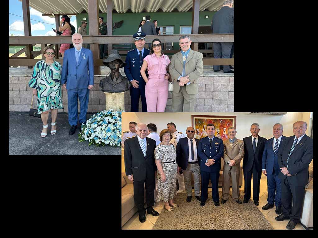 Desembargador Nilson Castelo Branco, coronel Paulo Coutinho e o coronel José Fernandes Carneiro são homenageados pela FAB durante comemoração do sesquicentenário de Santos Dumont.