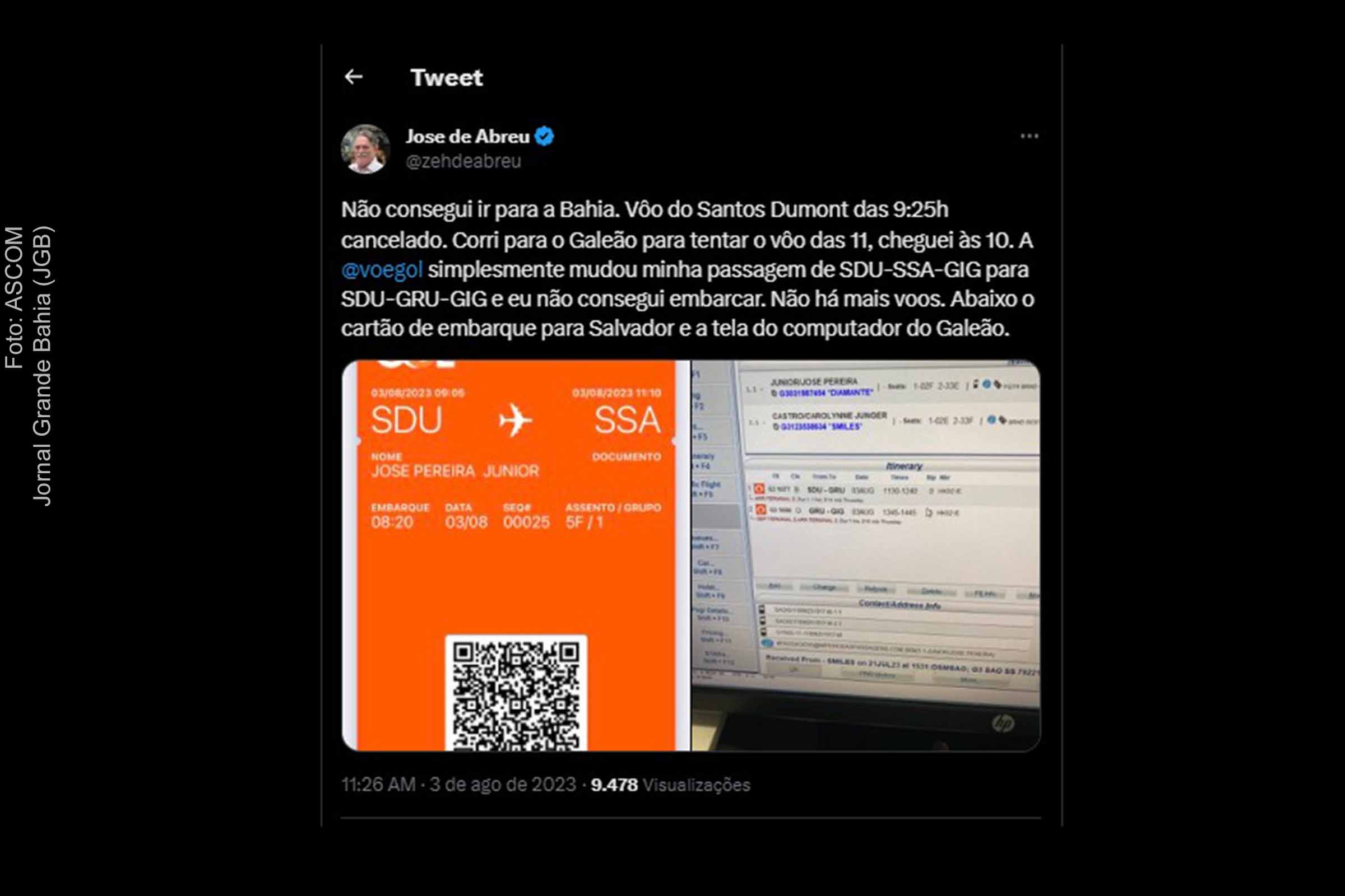 Ator José de Abreu publica mensagem sobre impossibilidade de vira do Rio de Janeiro para a Bahia.