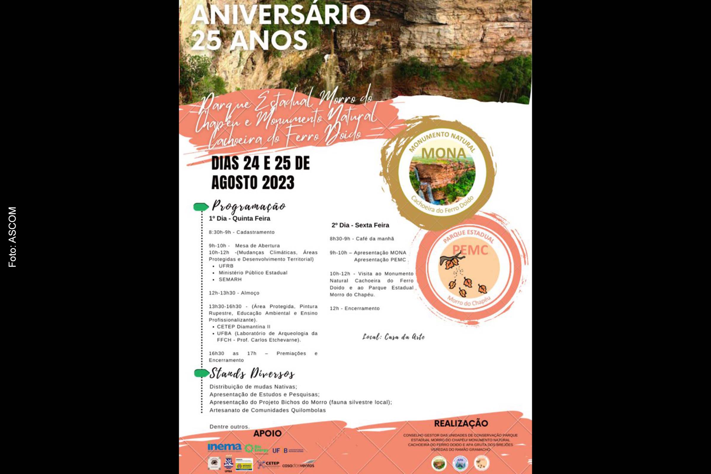 Card divulga programação dos 25 anos do Parque Estadual Morro do Chapéu e do Monumento Natural Cachoeira do Ferro Doido.