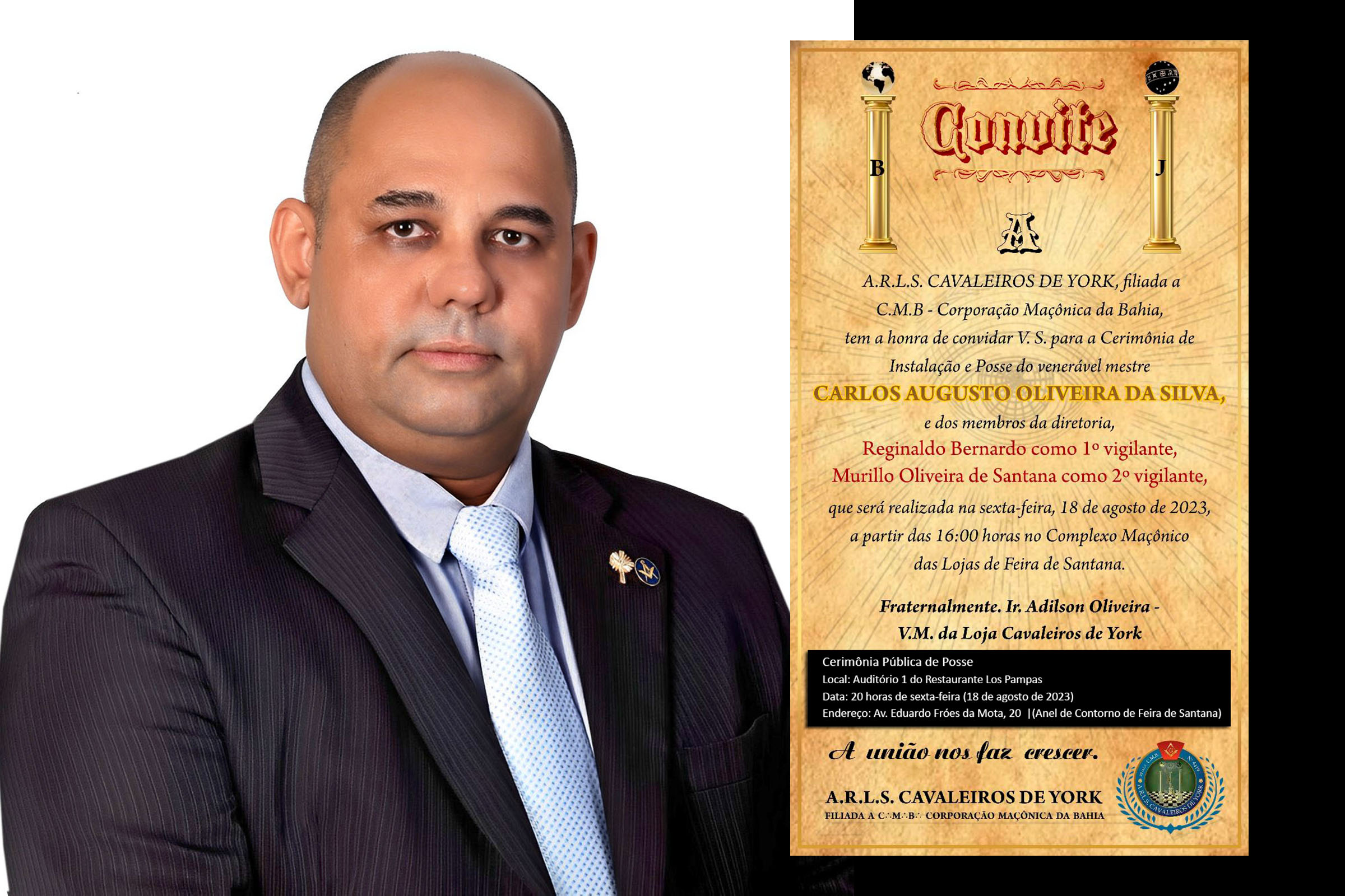 Convite das cerimônias de instalação e posse do jornalista e cientista social Carlos Augusto como venerável mestre da Loja Maçônica Cavaleiros de York.