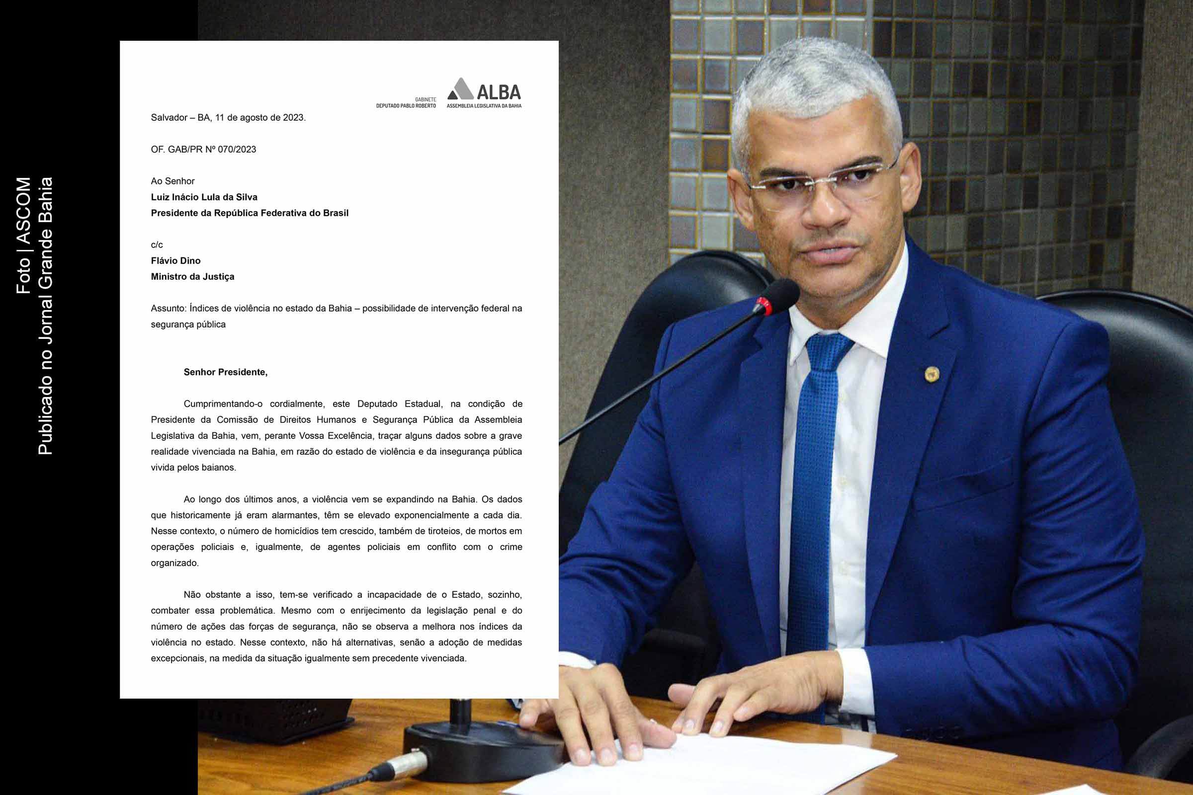 Deputado Pablo Roberto solicita intervenção federal na segurança pública da Bahia devido ao aumento da criminalidade.