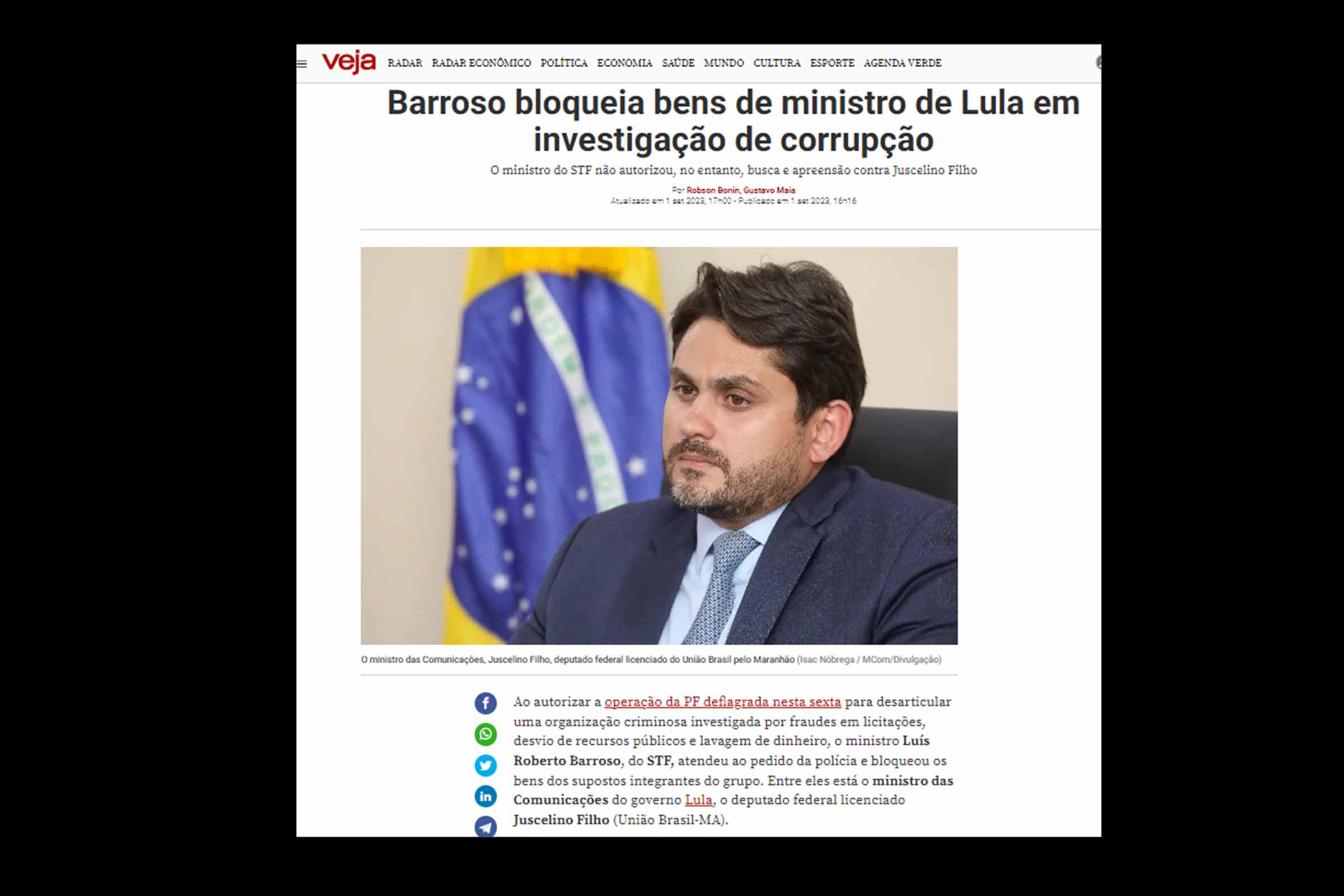 Ministro das Comunicações, Juscelino Filho, tem bens bloqueados em investigação da Codevasf.