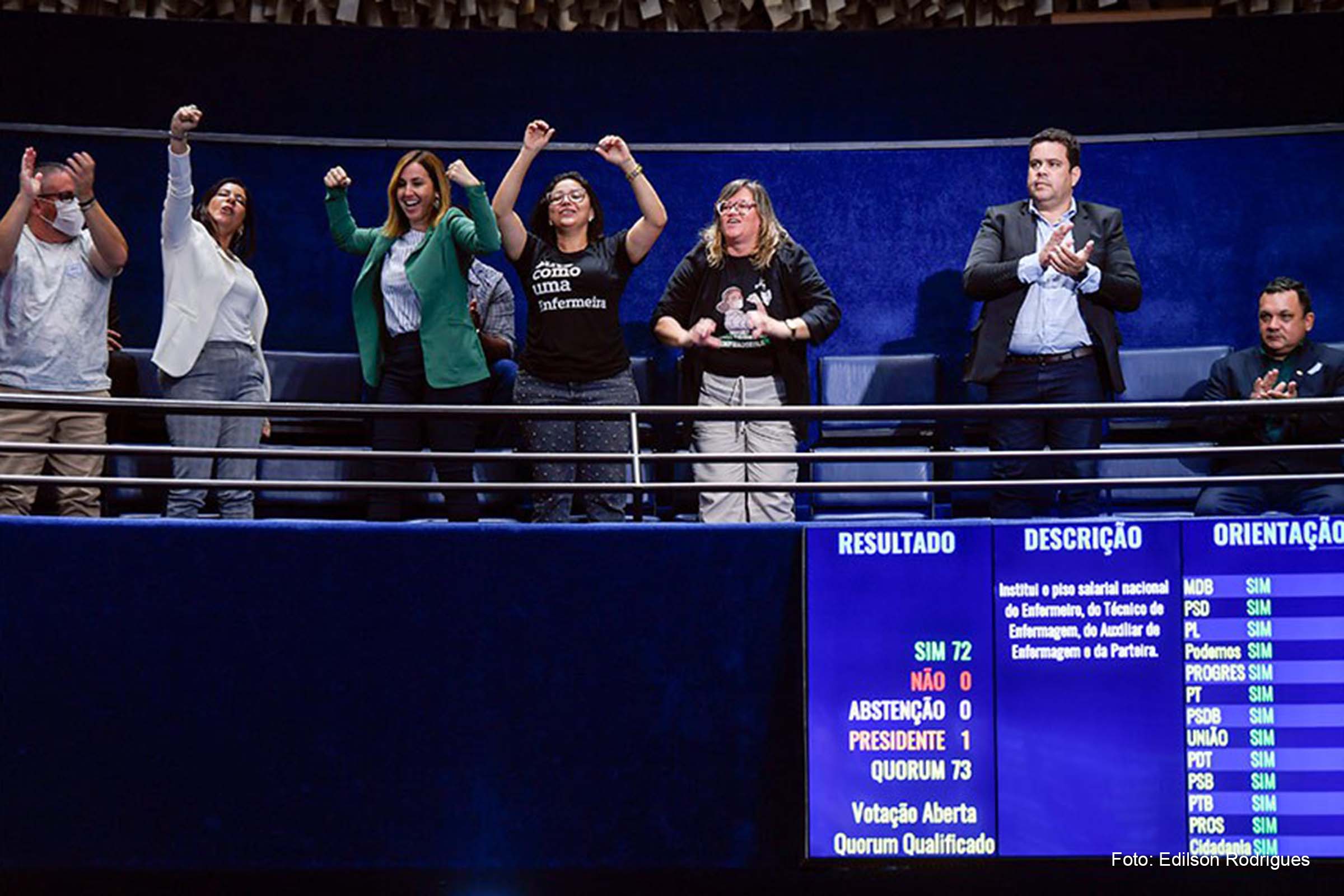 Profissionais de enfermagem comemoram no Plenário do Senado a aprovação do projeto que instituiu o piso, em 2022.