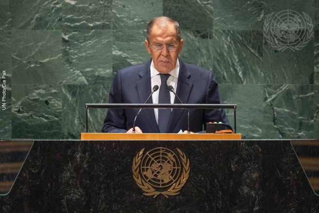 Sergei Lavrov, ministro das Relações Exteriores da Rússia, discursa na 78ª Assembleia Geral das Nações Unidas em Nova York, EUA, 23 de setembro de 2023.