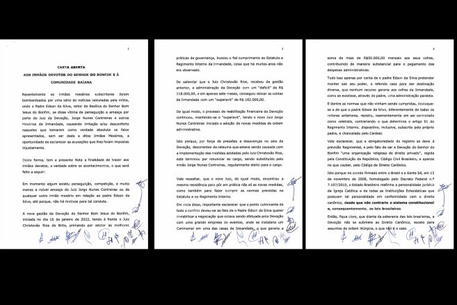 Em Carta Aberta, membros da Irmandade do Bonfim manifestam sobre suposta crise interna e comenta sobre condutas do padre Edson da Silva.