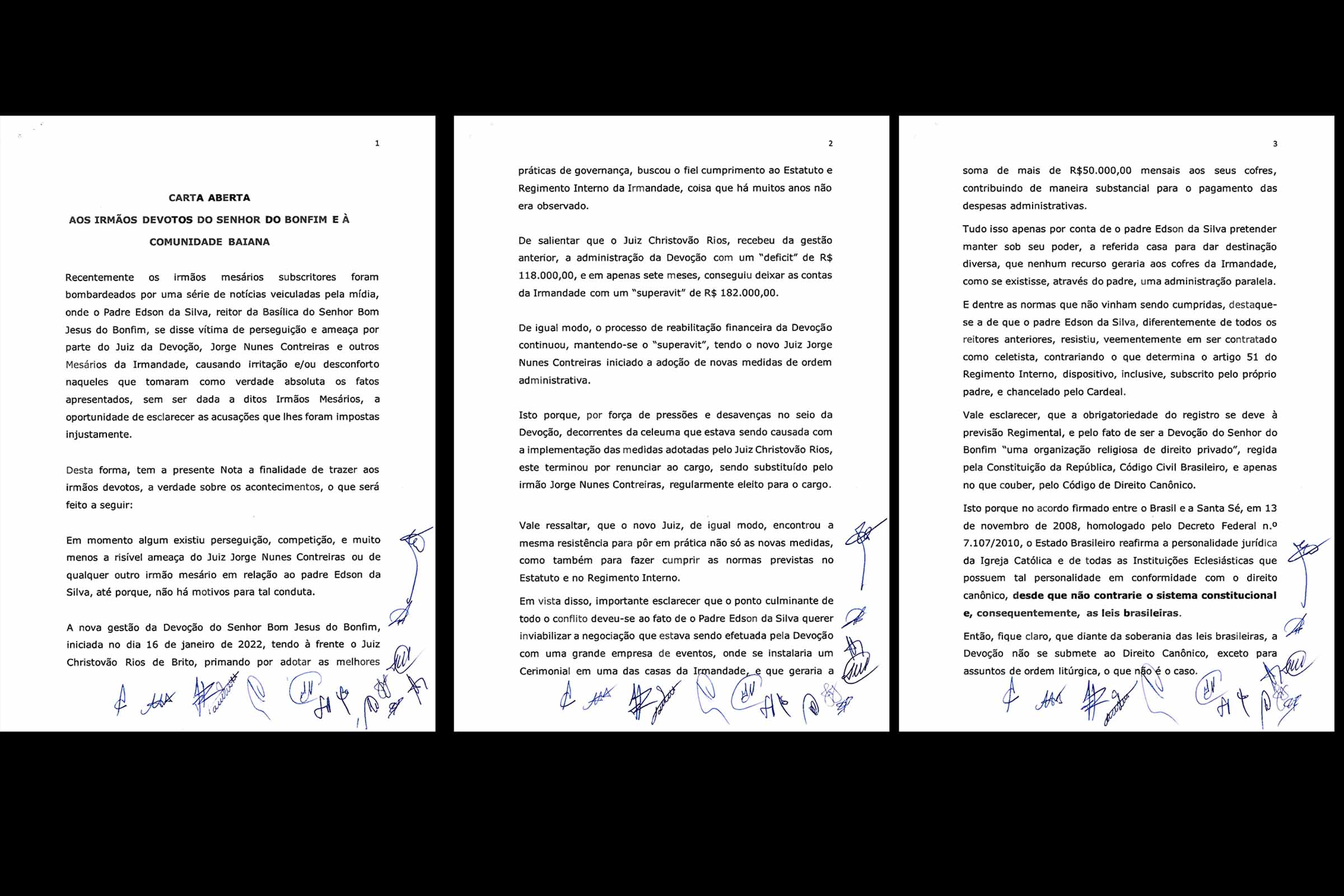 Em Carta Aberta, membros da Irmandade do Bonfim manifestam sobre suposta crise interna e comenta sobre condutas do padre Edson da Silva.