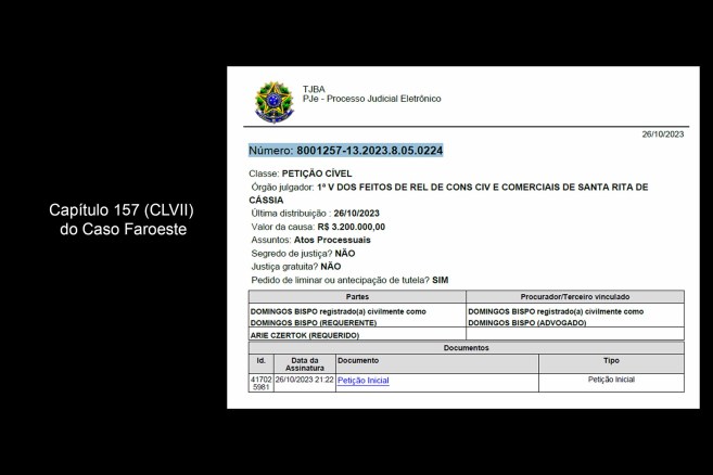 Em 26 de outubro de 2023, o advogado Domingos Bispo ingressou com uma ação judicial no âmbito da disputa pelas terras da antiga Fazenda São José, em Formosa do Rio Preto.