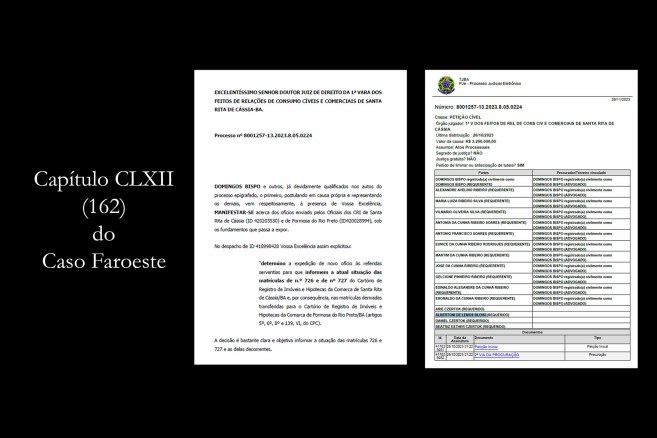 Resposta de Domingos Bispo ao Cartório de Formosa do Rio Preto: No âmbito do processo 8001257-13.2023.8.05.0224, Domingos Bispo e outros apresentam manifestação ao juiz Davi Guedes Neto, contestando o ofício recebido. O advogado, em representação própria e dos demais envolvidos, opõe-se aos documentos do Cartório de Formosa do Rio Preto, evidenciando a complexidade e contradições do Caso Faroeste.