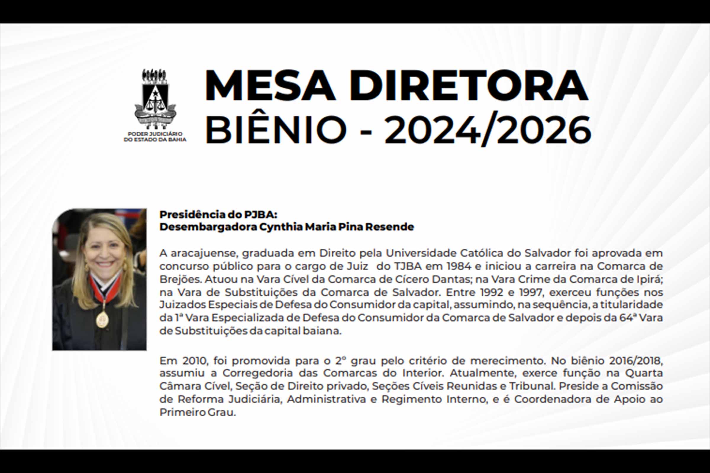 A desembargadora Cynthia Maria Pina Resende foi eleita nesta terça-feira (14/11/2023) presidente do TJBA. Atualmente, ela atua como coordenadora de Apoio ao Primeiro Grau de Jurisdição do Tribunal.