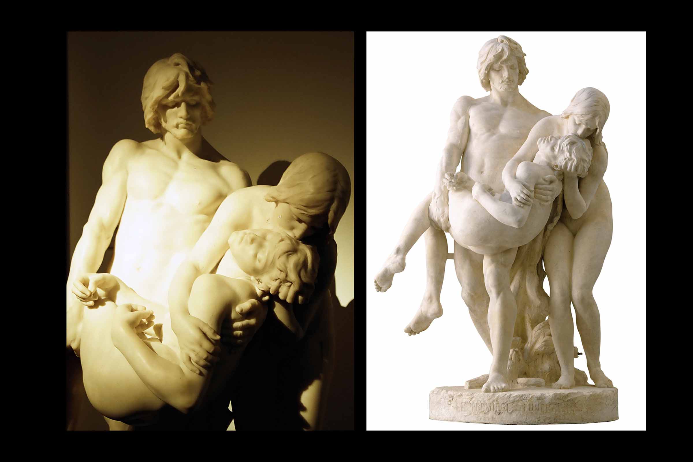 Escultura de mármore de Adão e Eva carregando seu filho Abel, vítima do ciúme de Caim, revela a genialidade de Luís Ernesto Barrias em uma obra de 1883.