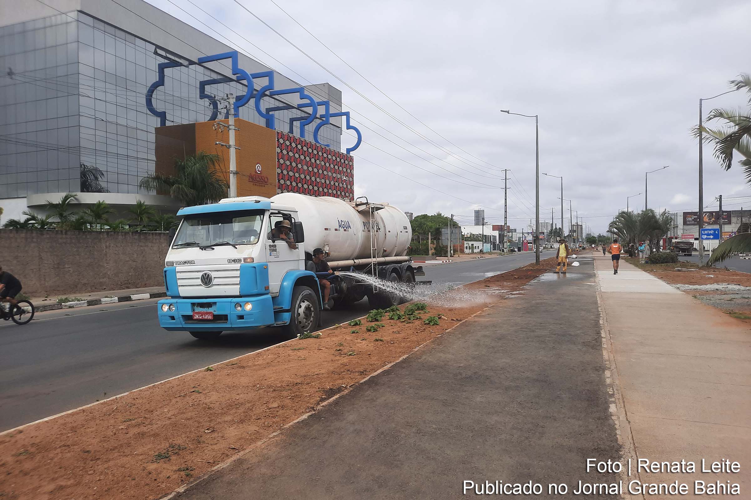 Departamento de Áreas Verdes trabalha na implantação do gramado para a nova ciclovia da avenida Noide Cerqueira, garantindo mobilidade e segurança aos ciclistas.