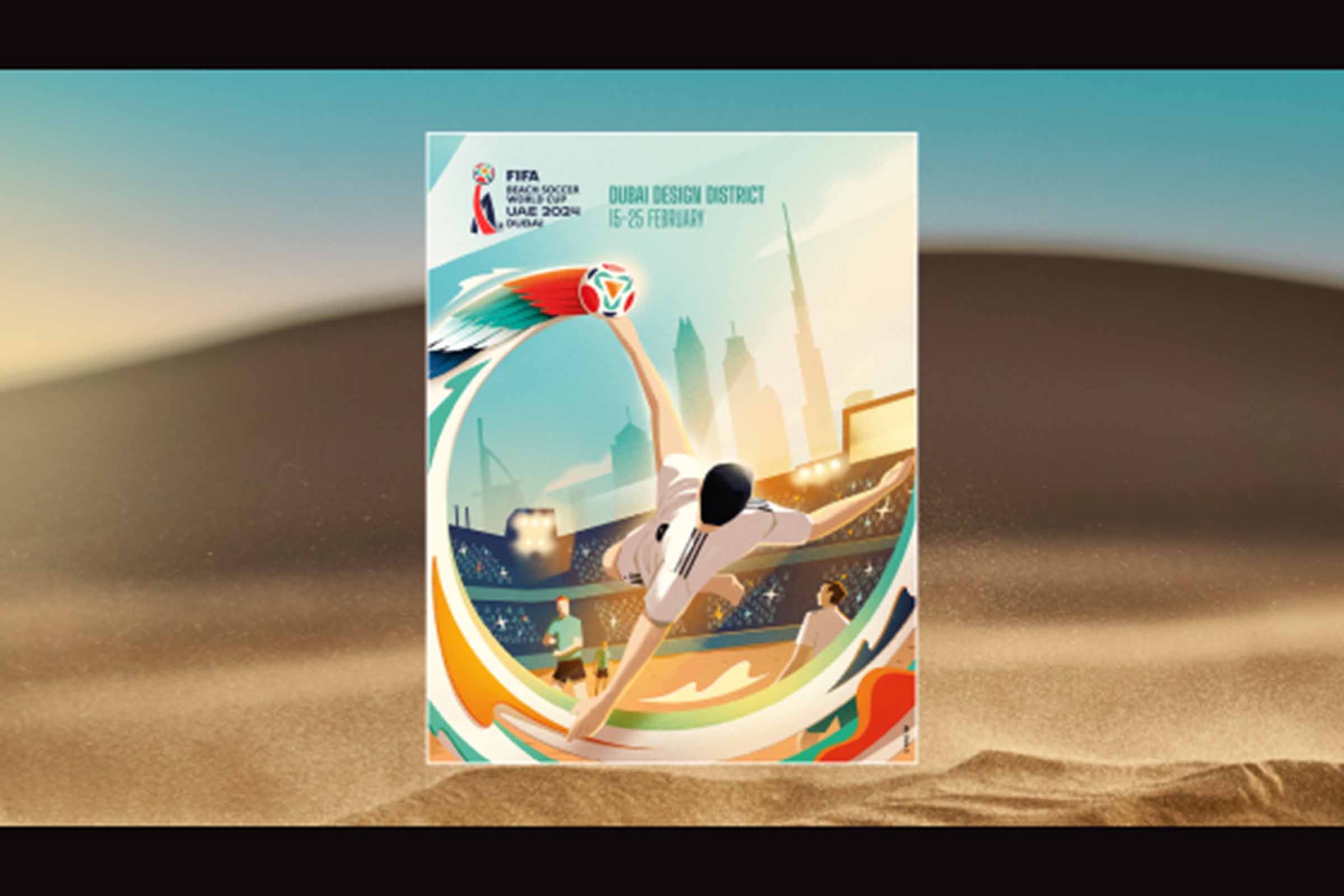 Arte de tirar o fôlego capta a essência do futebol de praia e o horizonte icônico de Dubai, elevando a antecipação para o torneio que reúne as principais equipes do mundo.