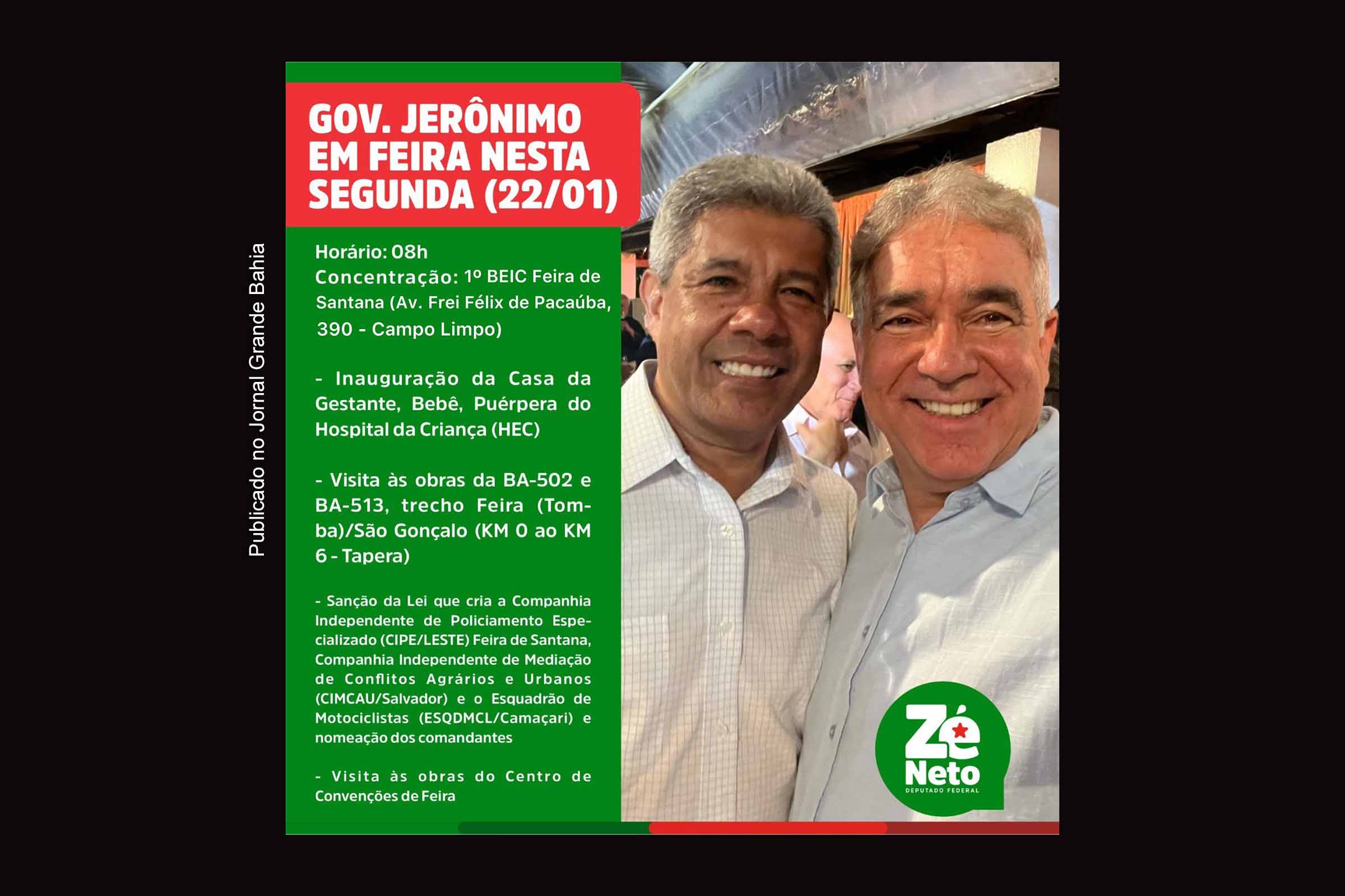 Agenda intensa do governador Jerônimo Rodrigues contempla setores de segurança, infraestrutura e saúde em Feira de Santana.