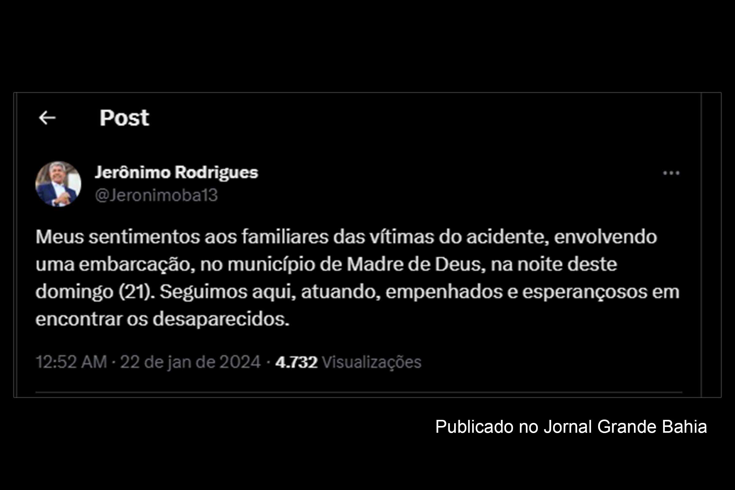Governador Jerônimo Rodrigues lamenta tragédia e garante apoio às famílias após naufrágio em Madre de Deus