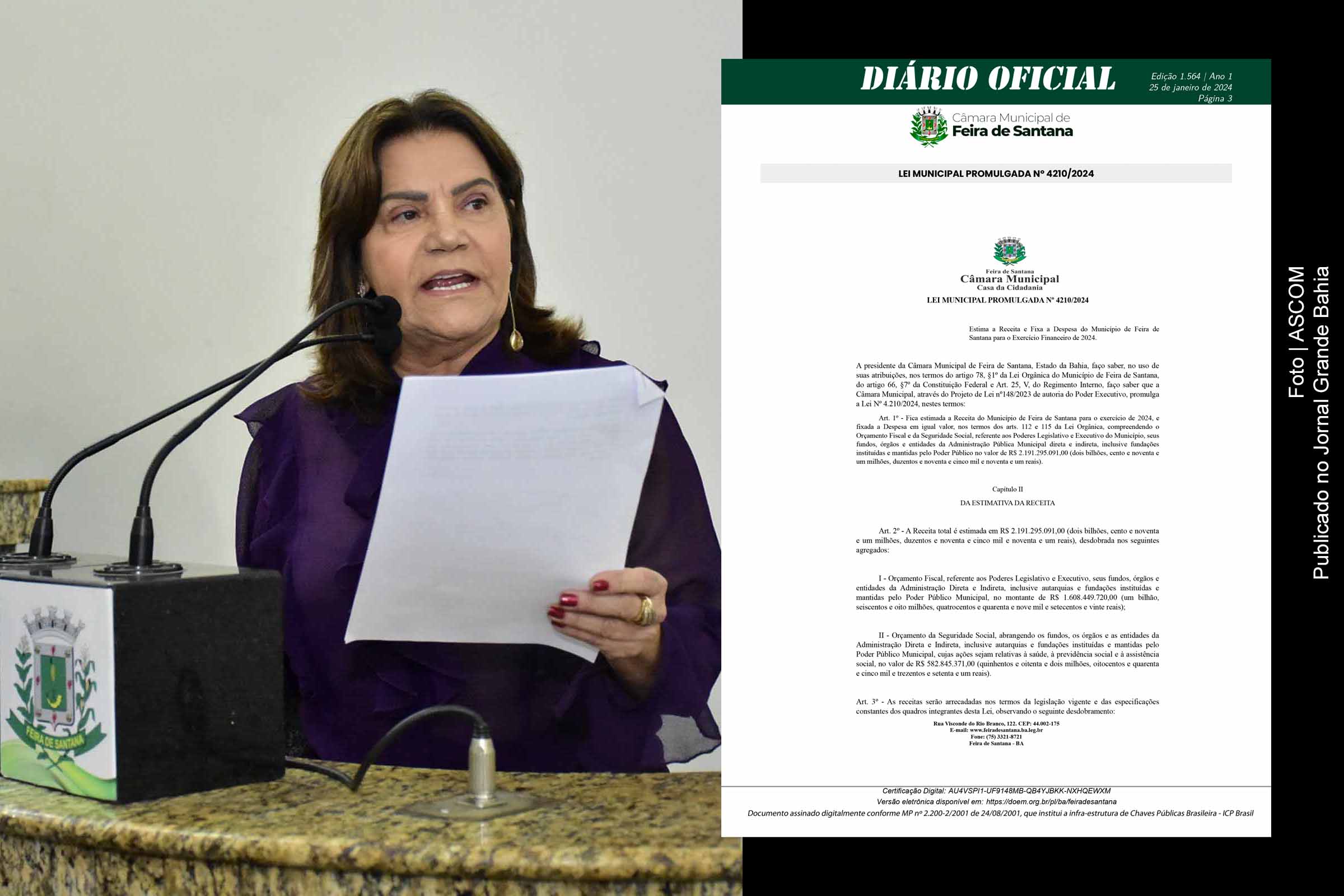 Vereadora Eremita Mota (PSDB), presidente do legislativo, promulga Lei Orçamentária Anual de 2024, garantindo continuidade das operações financeiras do Município de Feira de Santana.