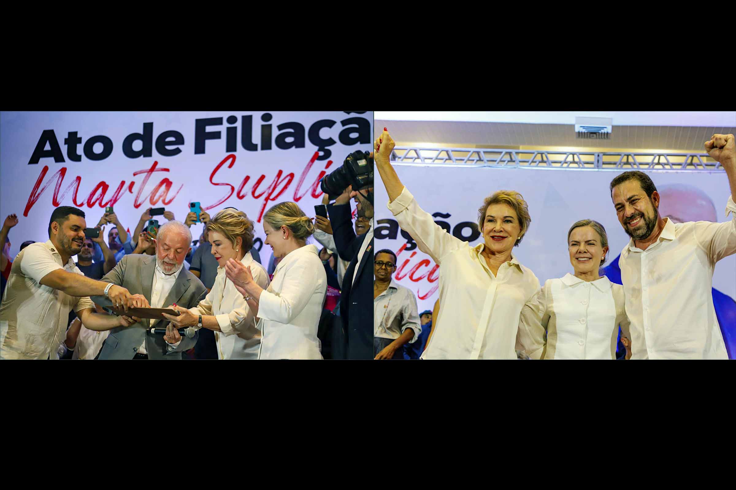 Lula, Marta Suplicy e Guilherme Boulos selam parceria para reconstruir São Paulo, durante ato que formaliza a filiação e apoio à pré-candidatura.