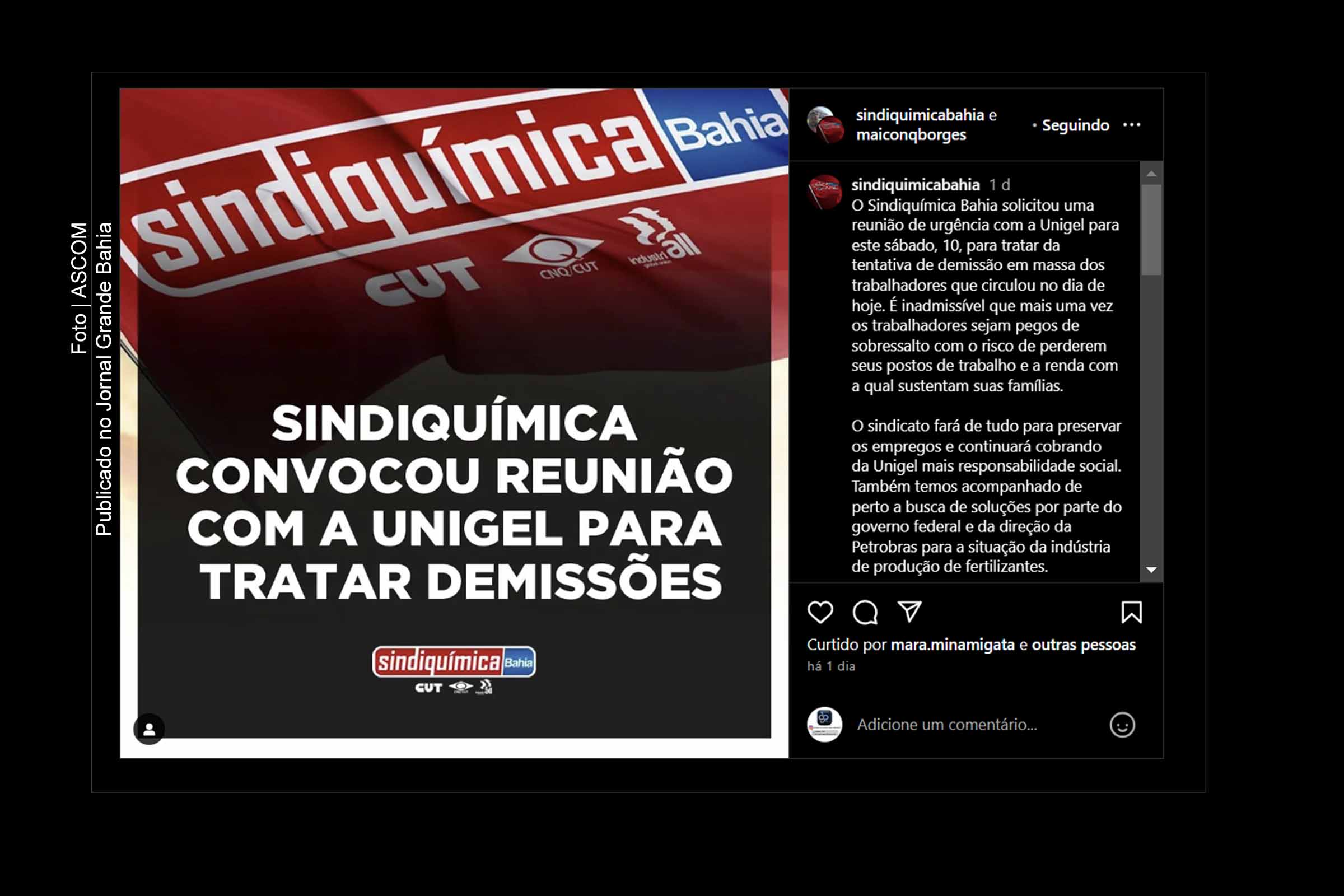 Nota do Sindiquímica Bahia sobre anúncio de demissões na Unigel.