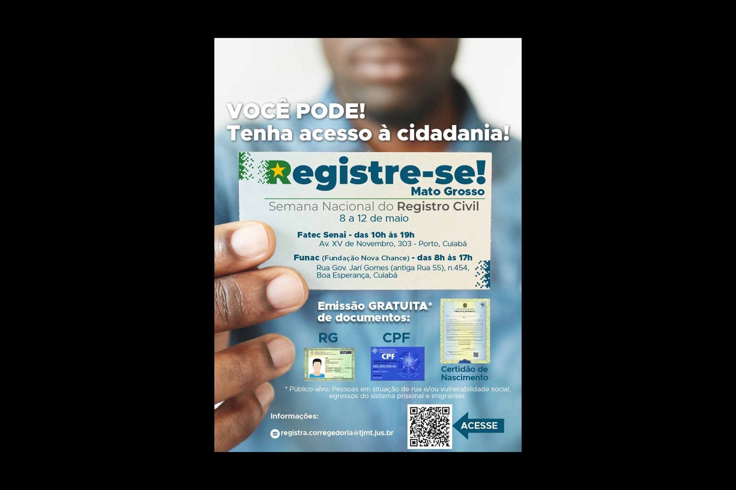 A segunda edição da Semana Nacional de Registro Civil, "Registre-se", ocorre de 13 a 17 de maio de 2024. O programa tem como objetivo facilitar o acesso a documentos civis básicos, com ações direcionadas para o público mais vulnerável.