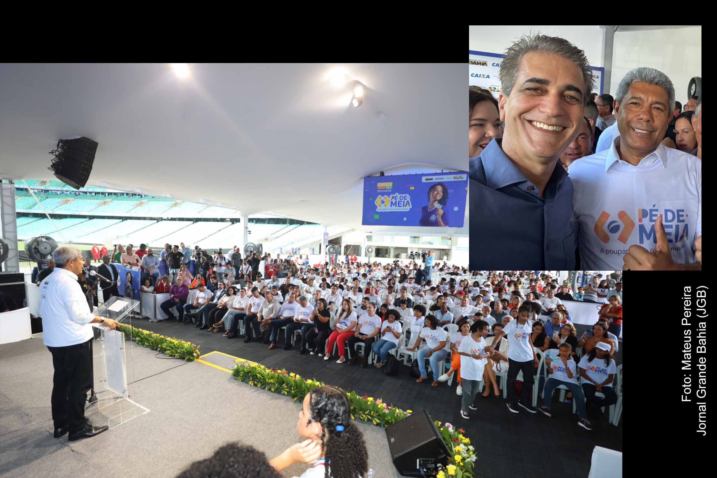 Deputado Robinson Almeida e o governador Jerônimo Rodrigues durante lançamento da edição Bahia do programa ‘Pé-de-Meia: a poupança do Ensino Médio’, desenvolvido pelo Governo Lula. Segundo o parlamentar, a iniciativa é inspira no programa estadual Bolsa Presença. A experiência social teve origem durante a pandemia da Covid-19, na gestão do então governador Rui Costa e do secretário da Educação Jerônimo Rodrigues, sendo posteriormente transformada em programa permanente pelo atual governo.