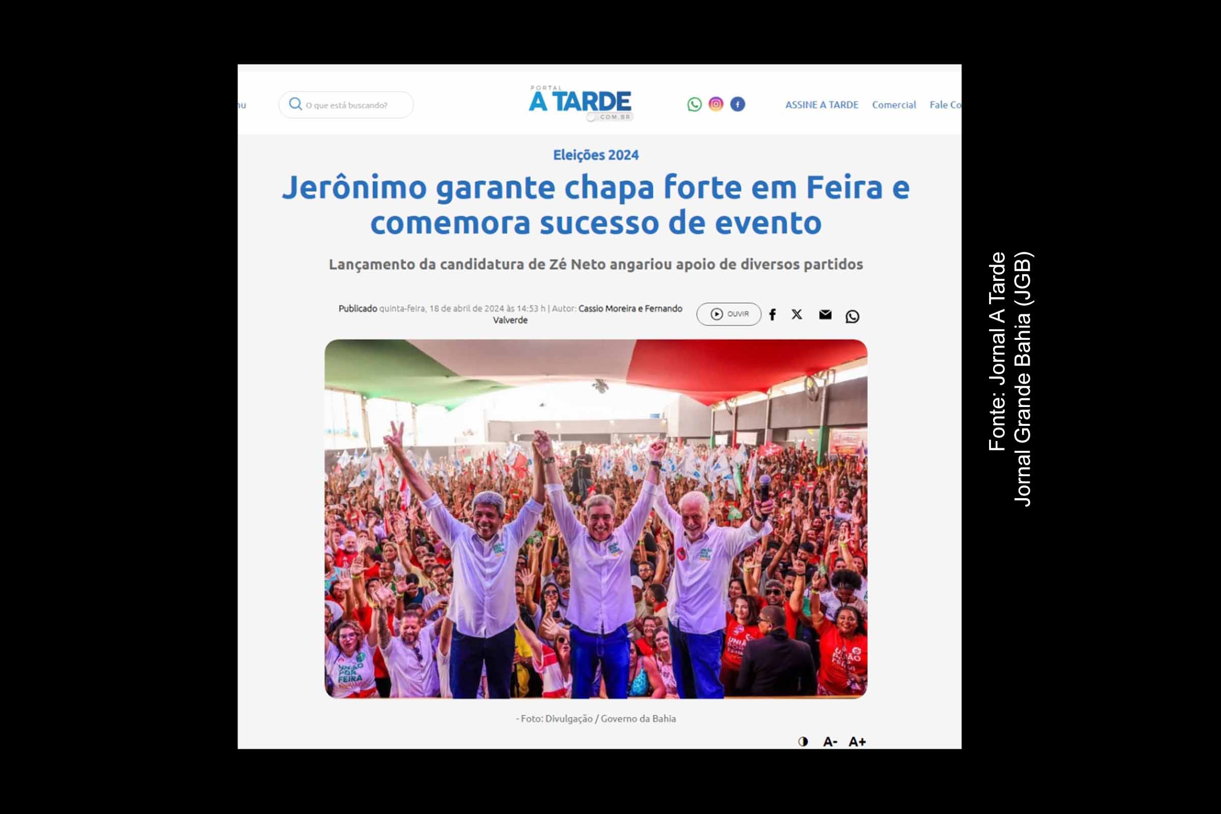 Jornal A Tarde destaca apoio do governador Jerônimo a Zé Neto para prefeito de Feira de Santana nas Eleições de 2024