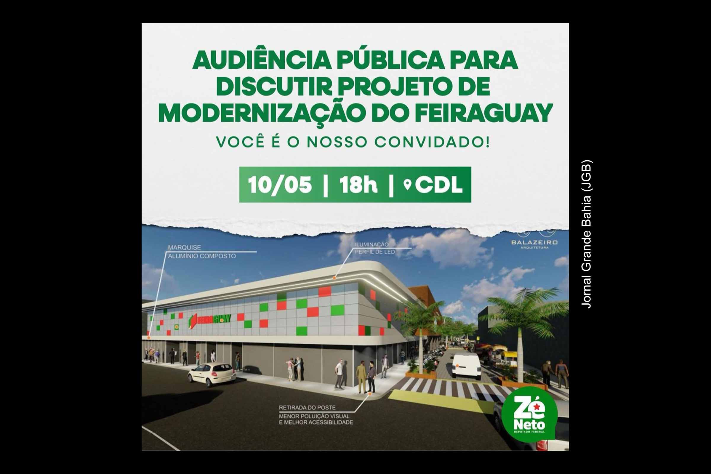 Legenda: Deputado federal Zé Neto (PT) convida a imprensa para a Audiência Pública que irá discutir a requalificação e modernização do Feiraguay, em Feira de Santana.