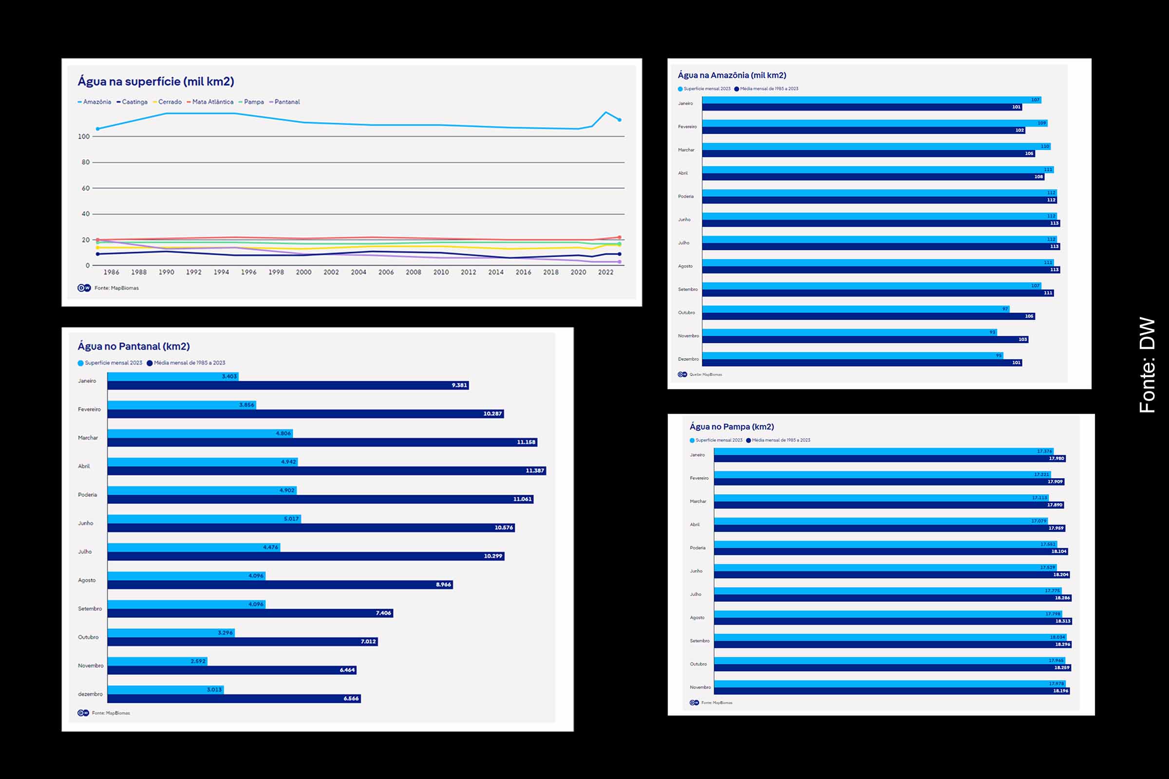 Dados do MapBiomas mostram que a superfície de água no Brasil encolheu 3% em 2023, com o Pantanal sofrendo a maior perda, 61% abaixo da média histórica.