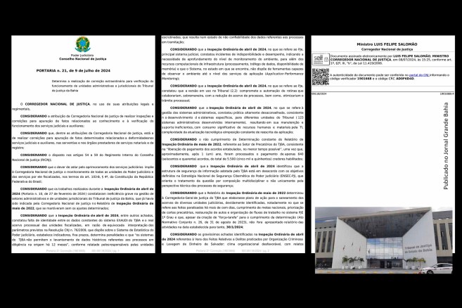 Ministro Luis Felipe Salomão, corregedor nacional de Justiça, determina correição extraordinária em todos os gabinetes de desembargadores do Tribunal de Justiça da Bahia (TJBA), através da Portaria nº 21/2024 do CNJ.